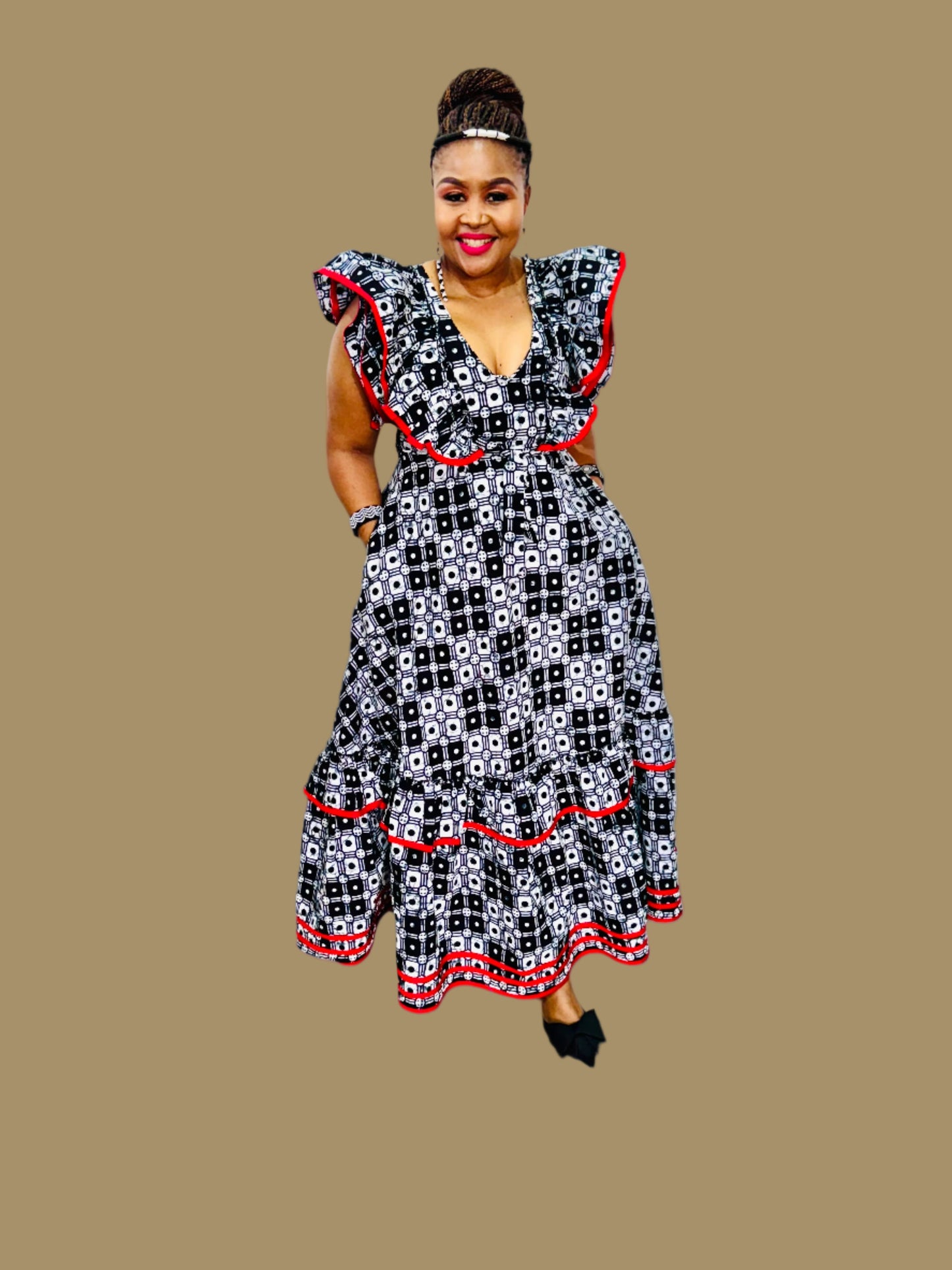 FRA89 BLACK/WHITE/RED CONTRASTED MAXI LEA DRESS