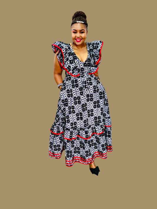 FRA89 BLACK/WHITE/RED CONTRASTED MAXI LEA DRESS