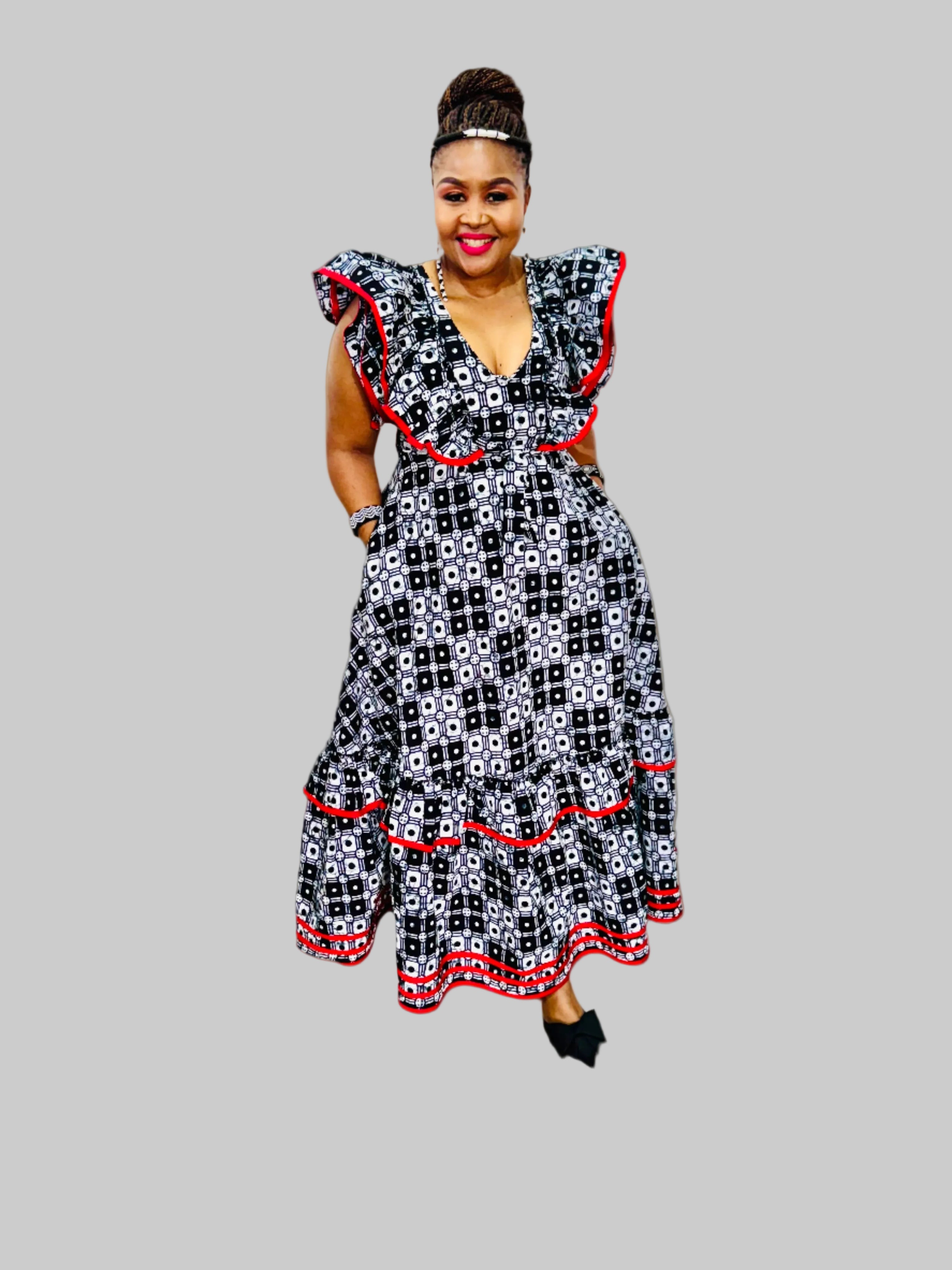 FRA89 BLACK/WHITE/RED CONTRASTED MAXI LEA DRESS