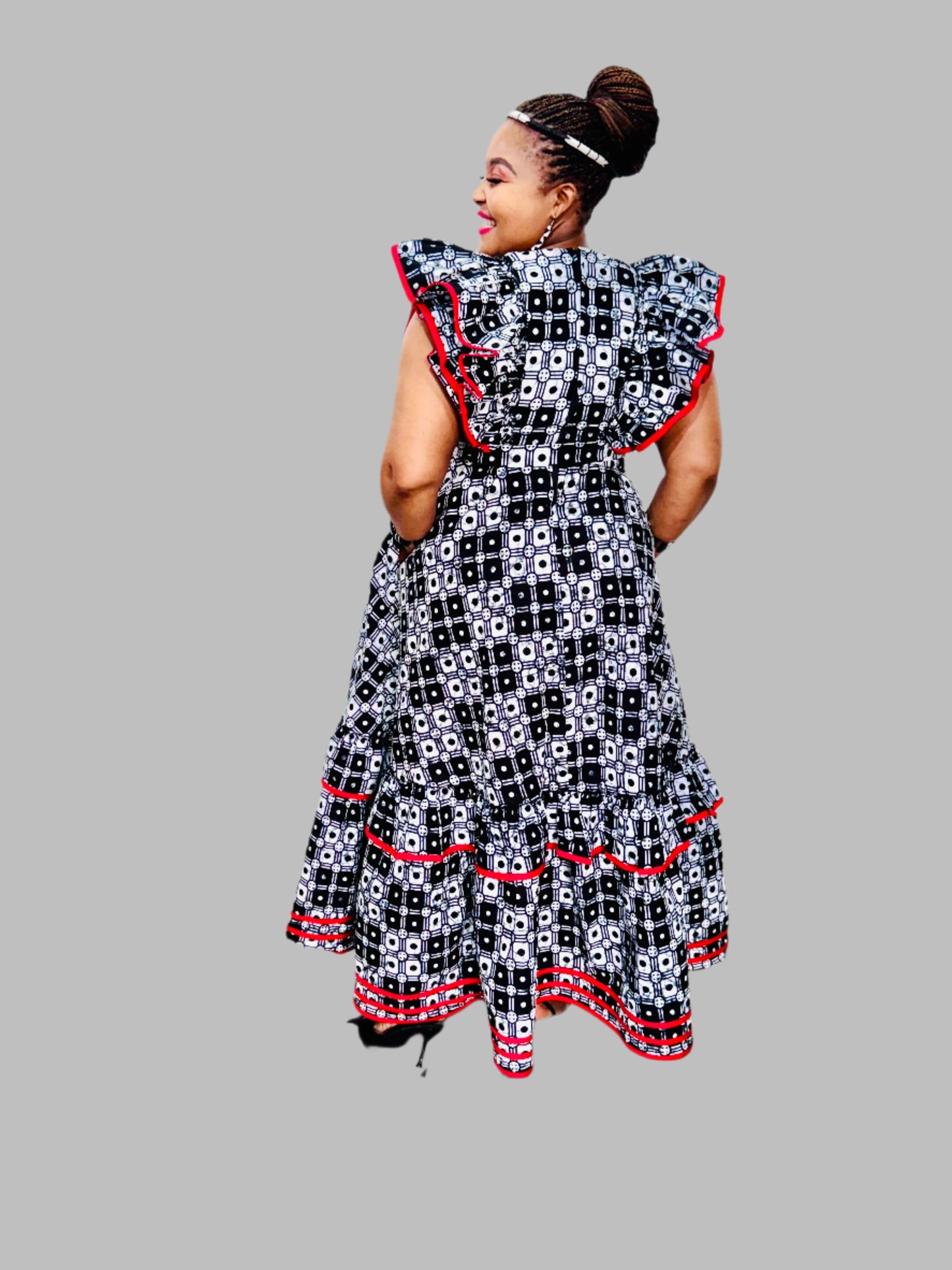 FRA89 BLACK/WHITE/RED CONTRASTED MAXI LEA DRESS