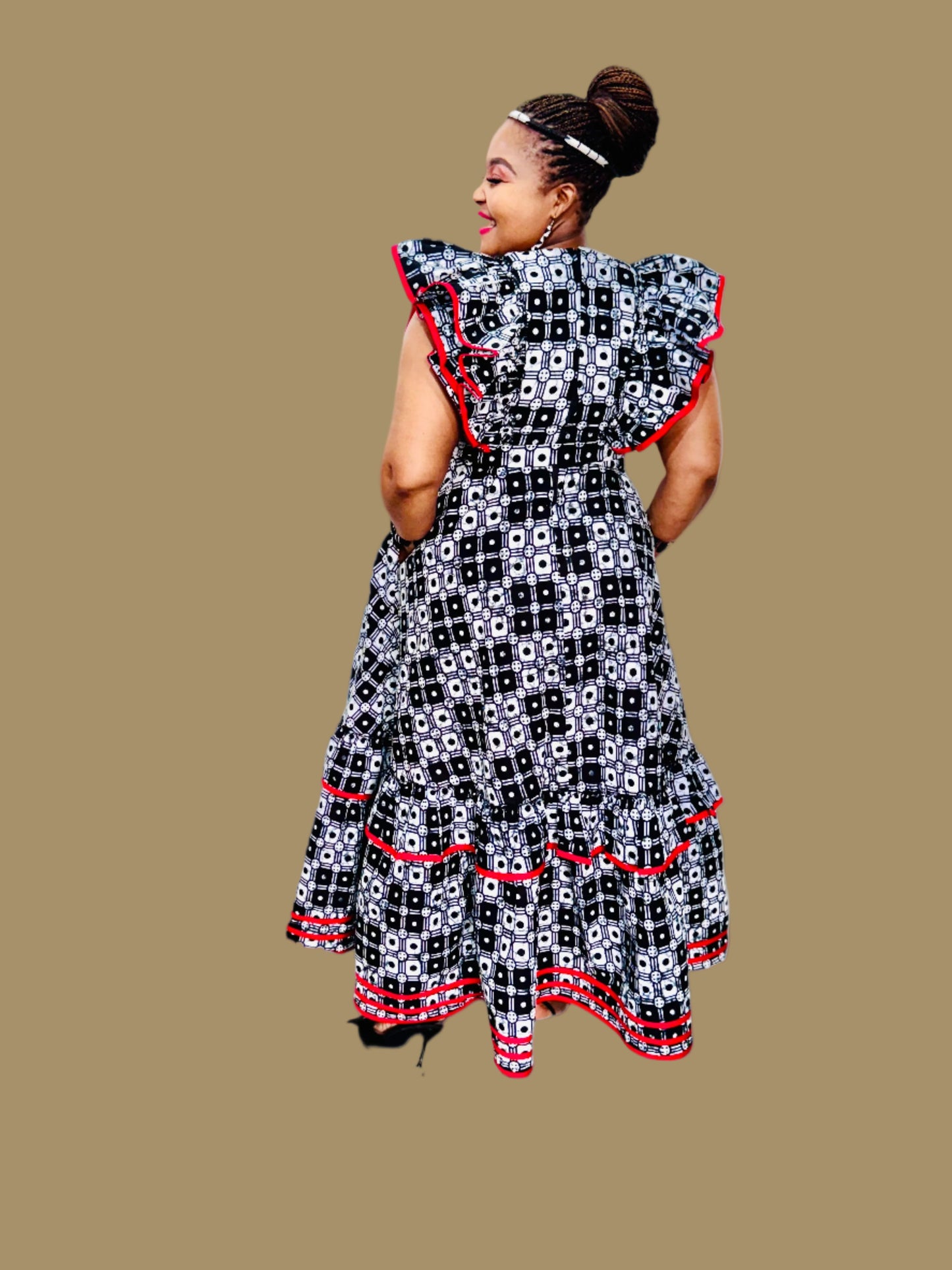 FRA89 BLACK/WHITE/RED CONTRASTED MAXI LEA DRESS