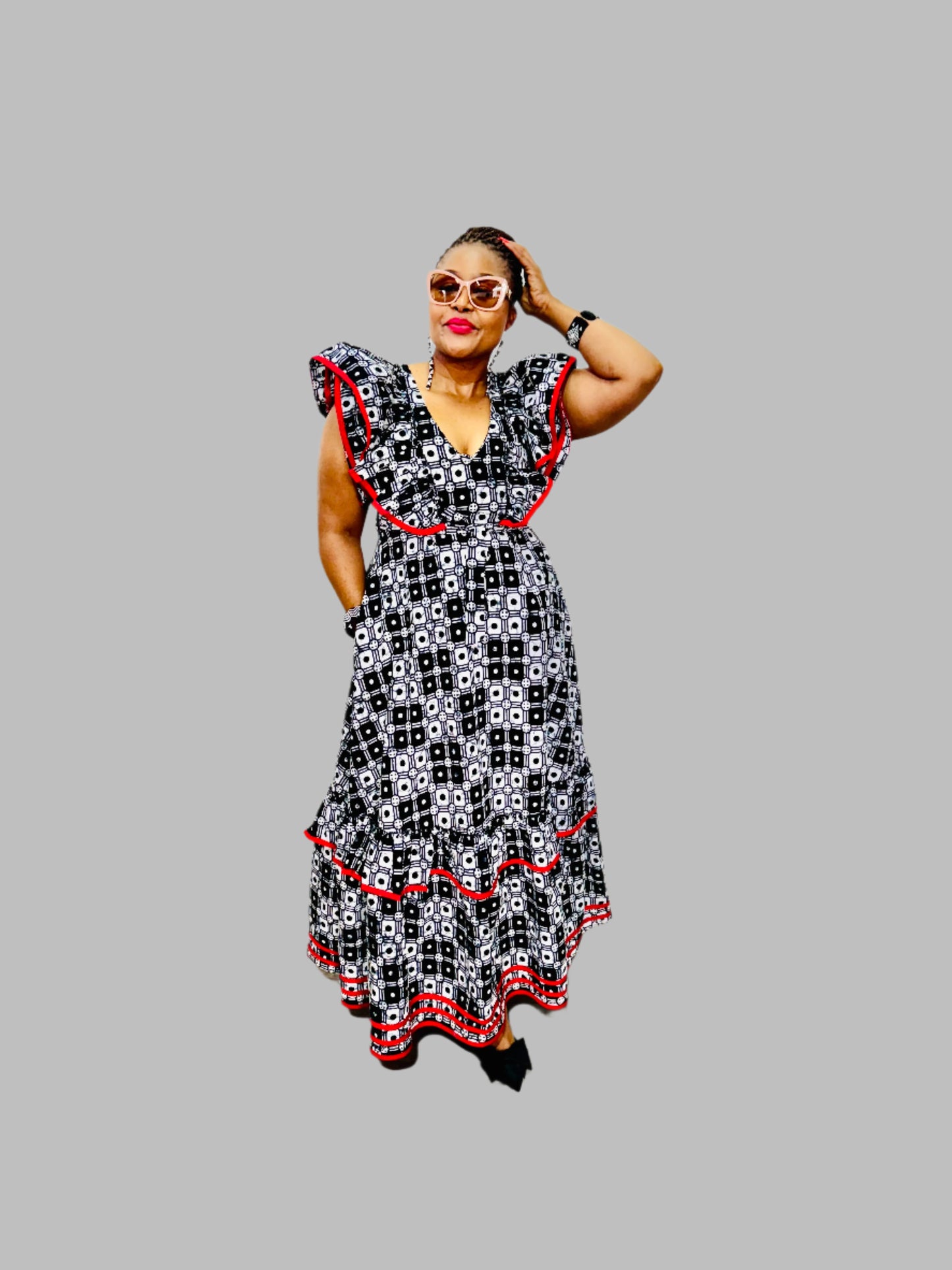 FRA89 BLACK/WHITE/RED CONTRASTED MAXI LEA DRESS