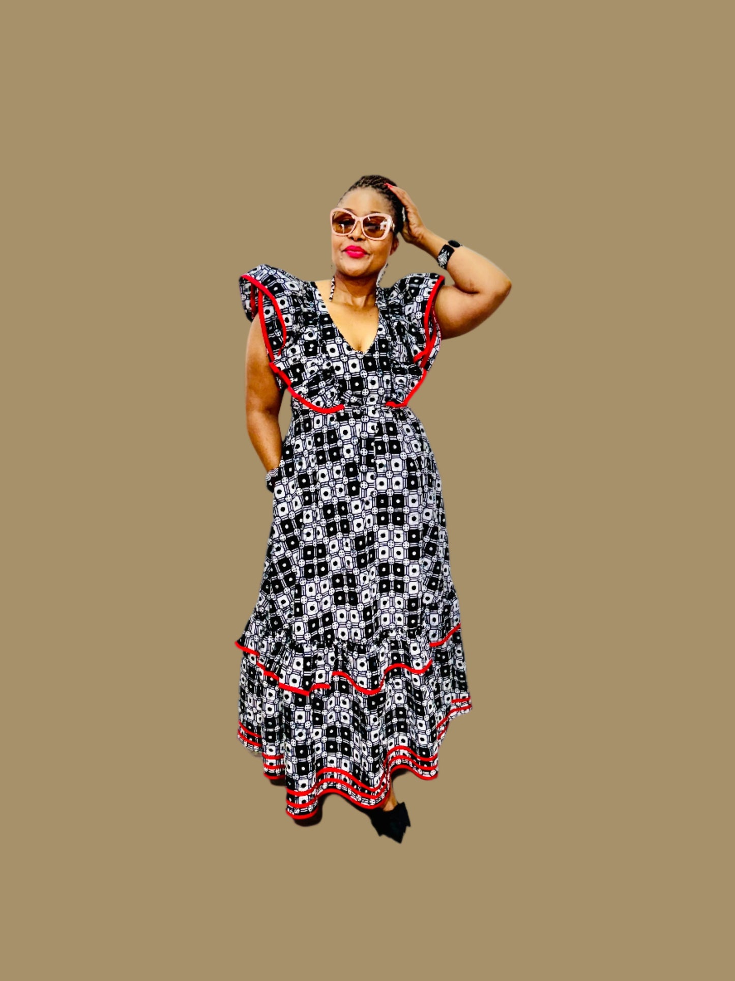 FRA89 BLACK/WHITE/RED CONTRASTED MAXI LEA DRESS