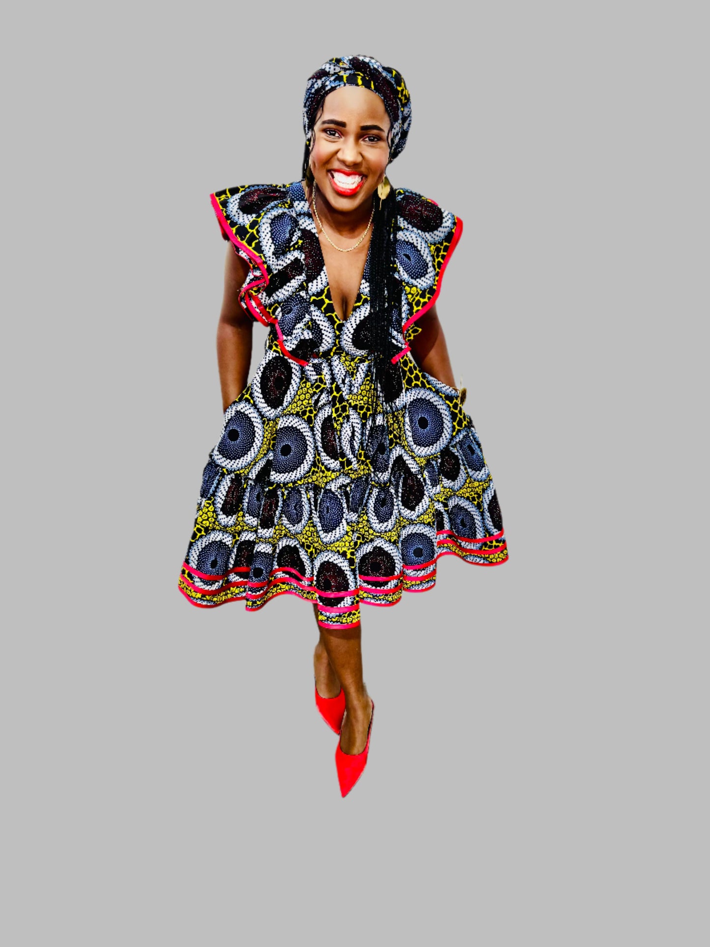 FRA86 MULTICOLOR/RED CONTRASTED LEA MIDI DRESS