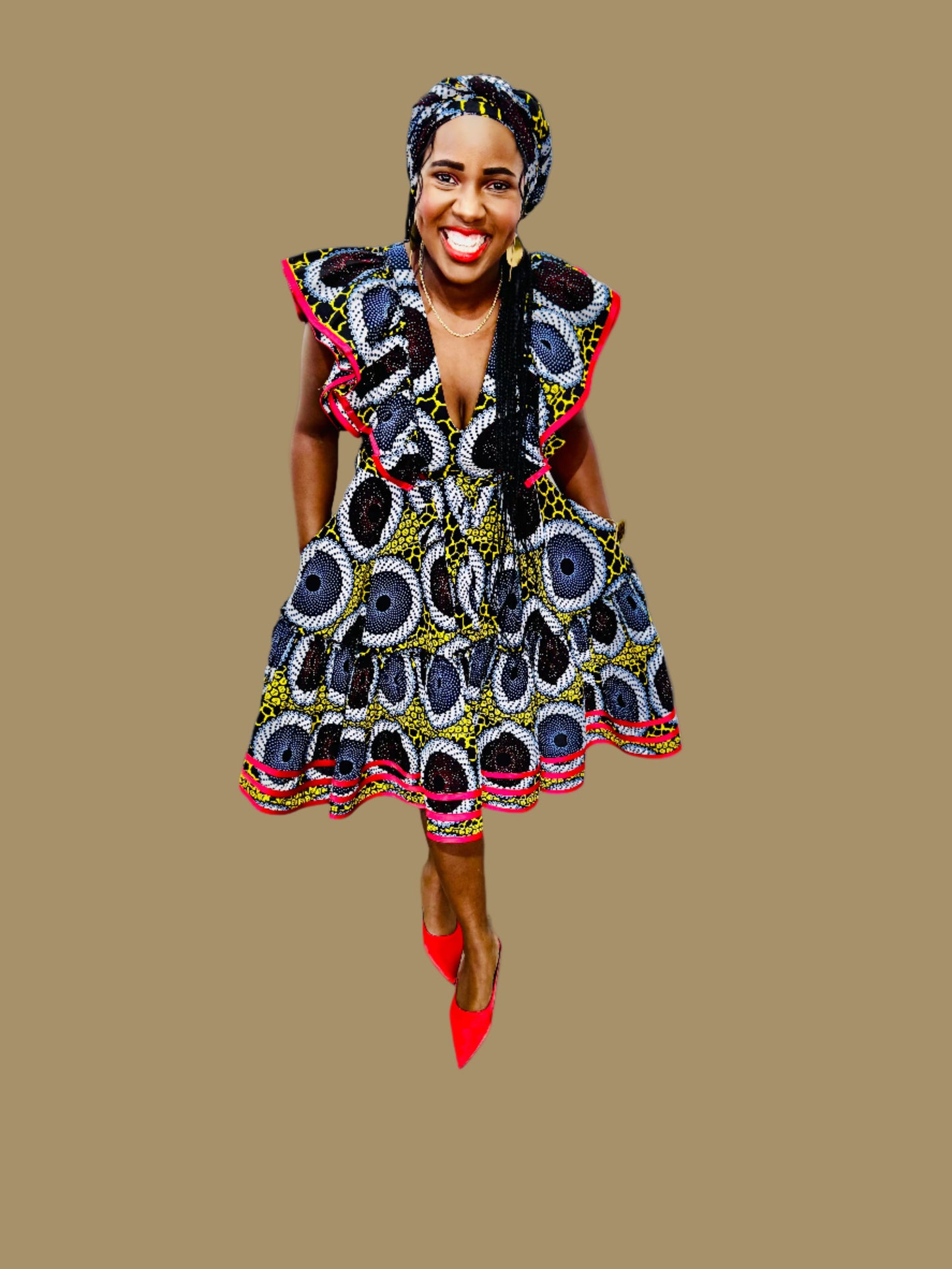 FRA86 MULTICOLOR/RED CONTRASTED LEA MIDI DRESS