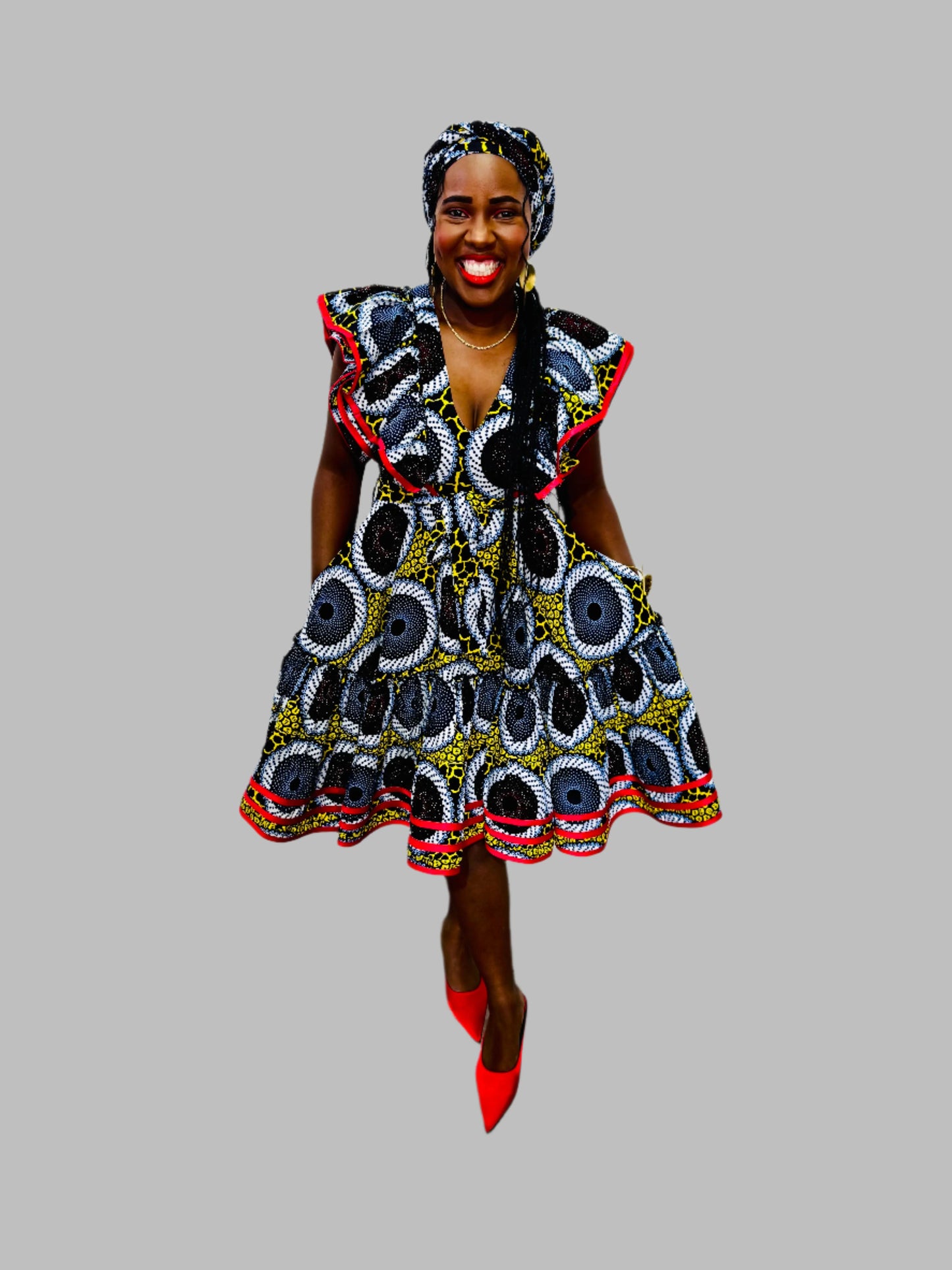 FRA86 MULTICOLOR/RED CONTRASTED LEA MIDI DRESS