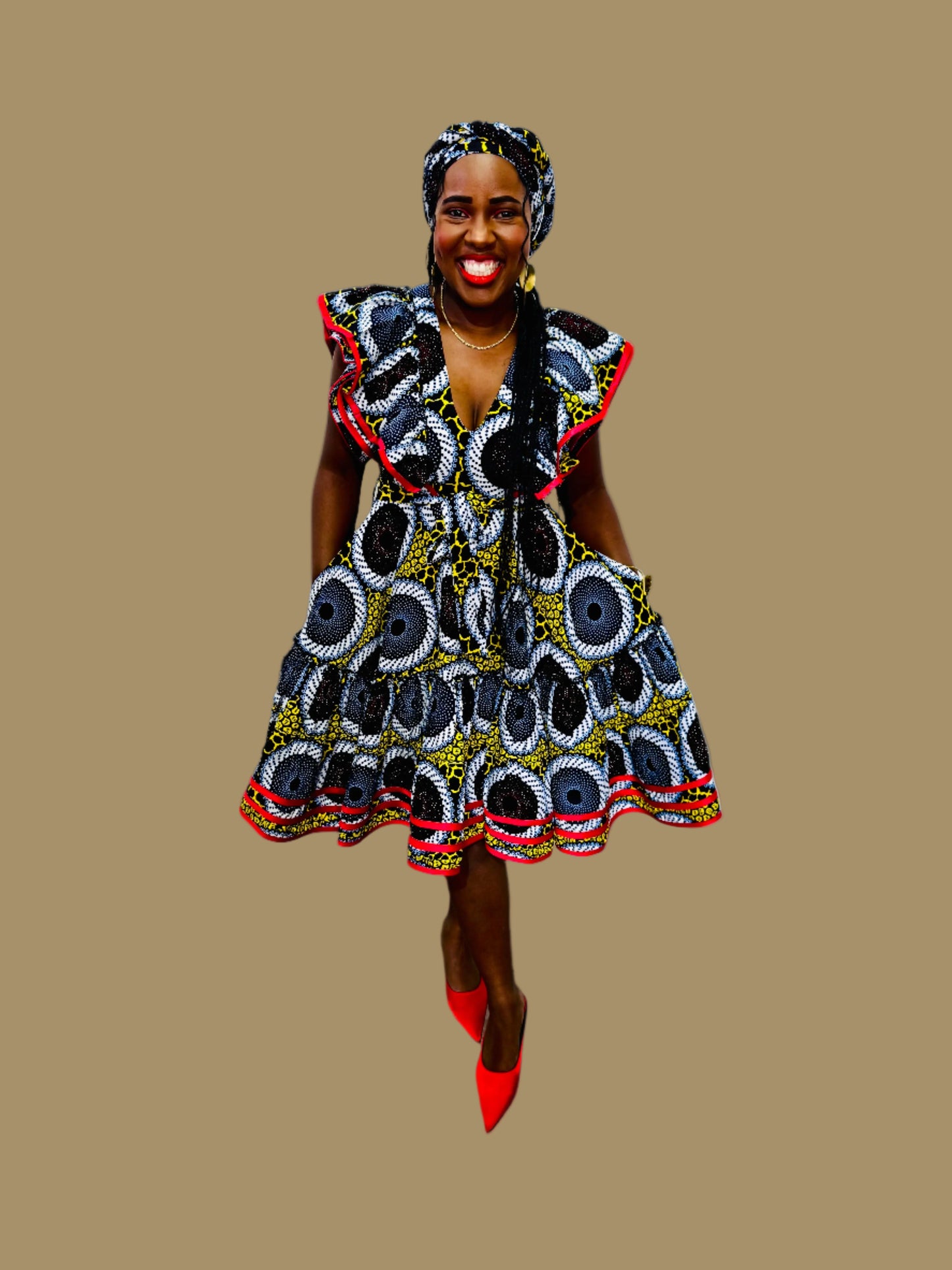 FRA86 MULTICOLOR/RED CONTRASTED LEA MIDI DRESS