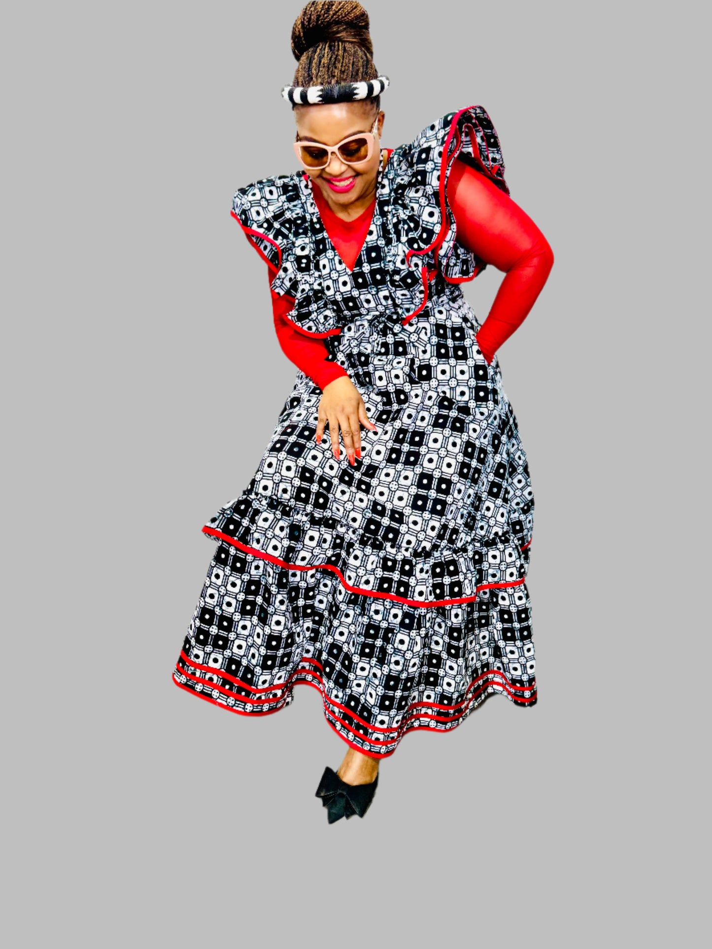 FRA89 BLACK/WHITE/RED CONTRASTED MAXI LEA DRESS
