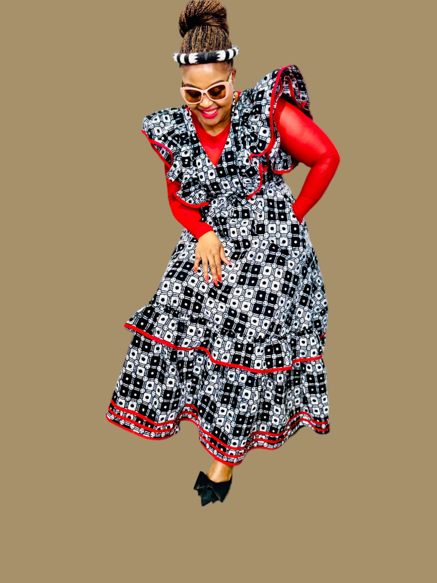 FRA89 BLACK/WHITE/RED CONTRASTED MAXI LEA DRESS