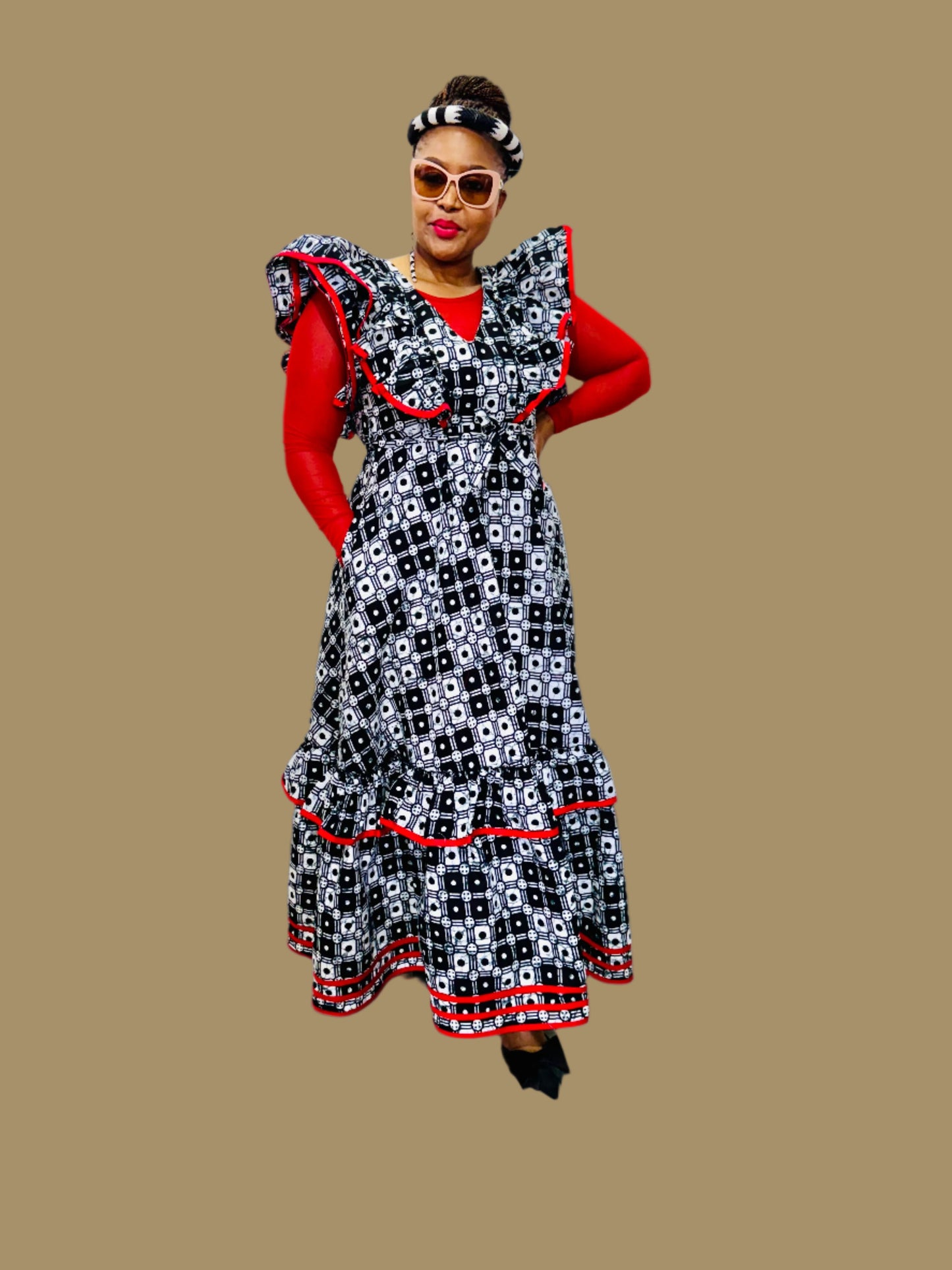 FRA89 BLACK/WHITE/RED CONTRASTED MAXI LEA DRESS