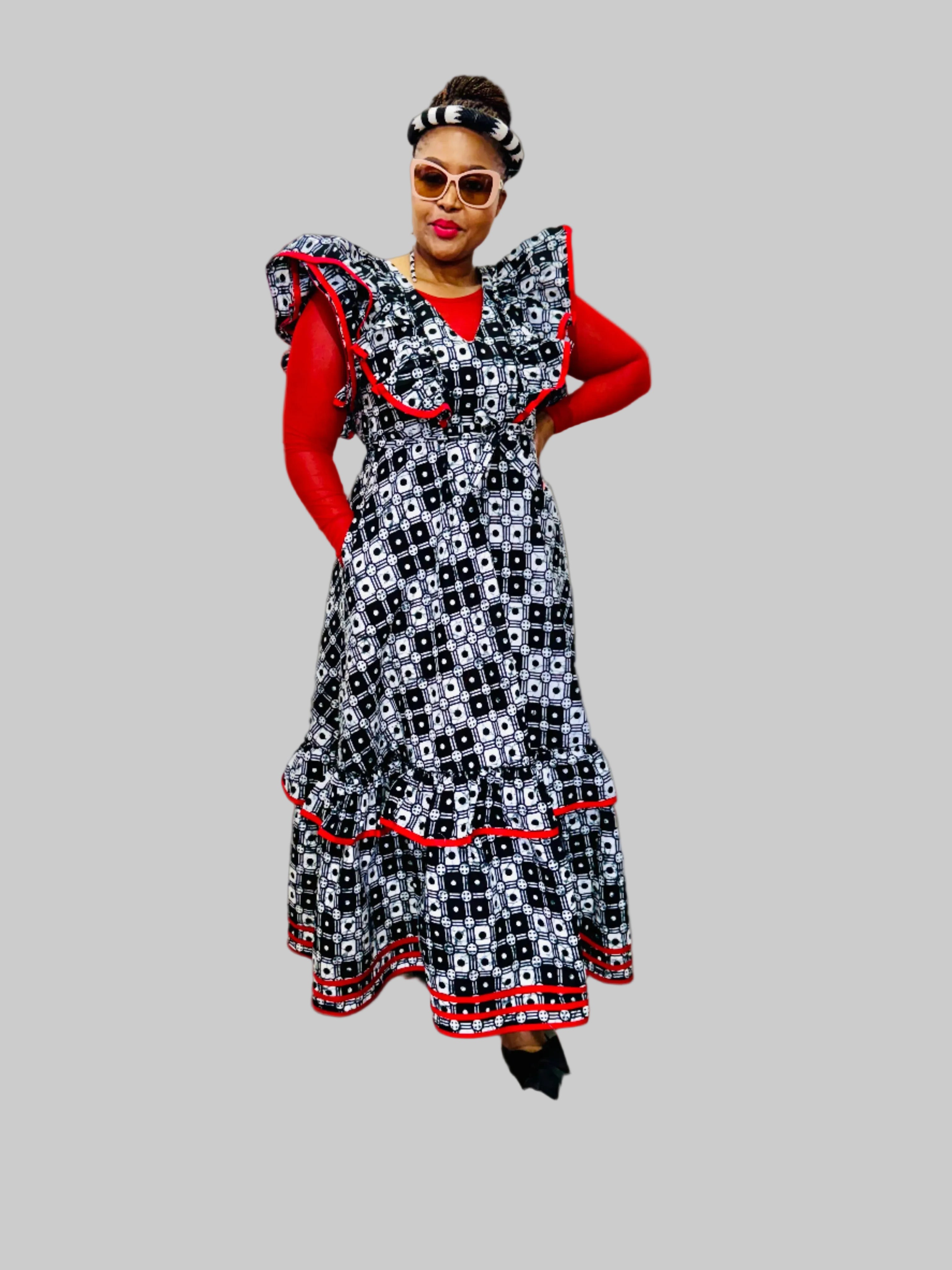 FRA89 BLACK/WHITE/RED CONTRASTED MAXI LEA DRESS