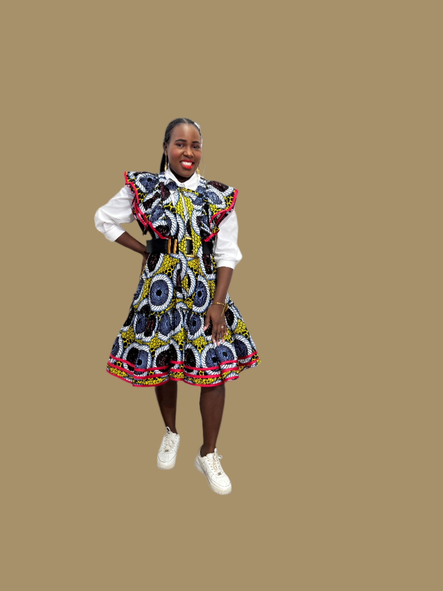 FRA86 MULTICOLOR/RED CONTRASTED LEA MIDI DRESS