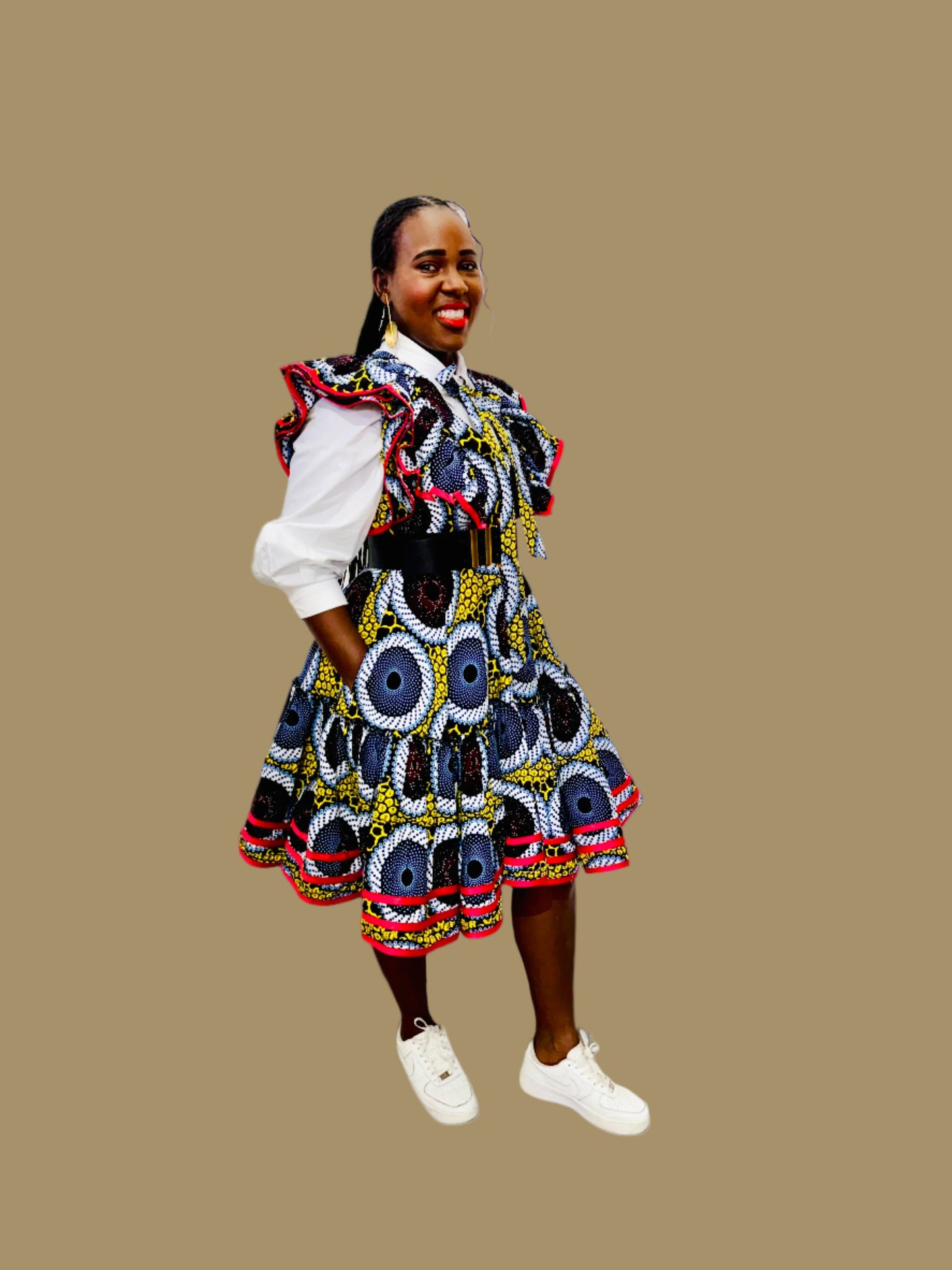 FRA86 MULTICOLOR/RED CONTRASTED LEA MIDI DRESS