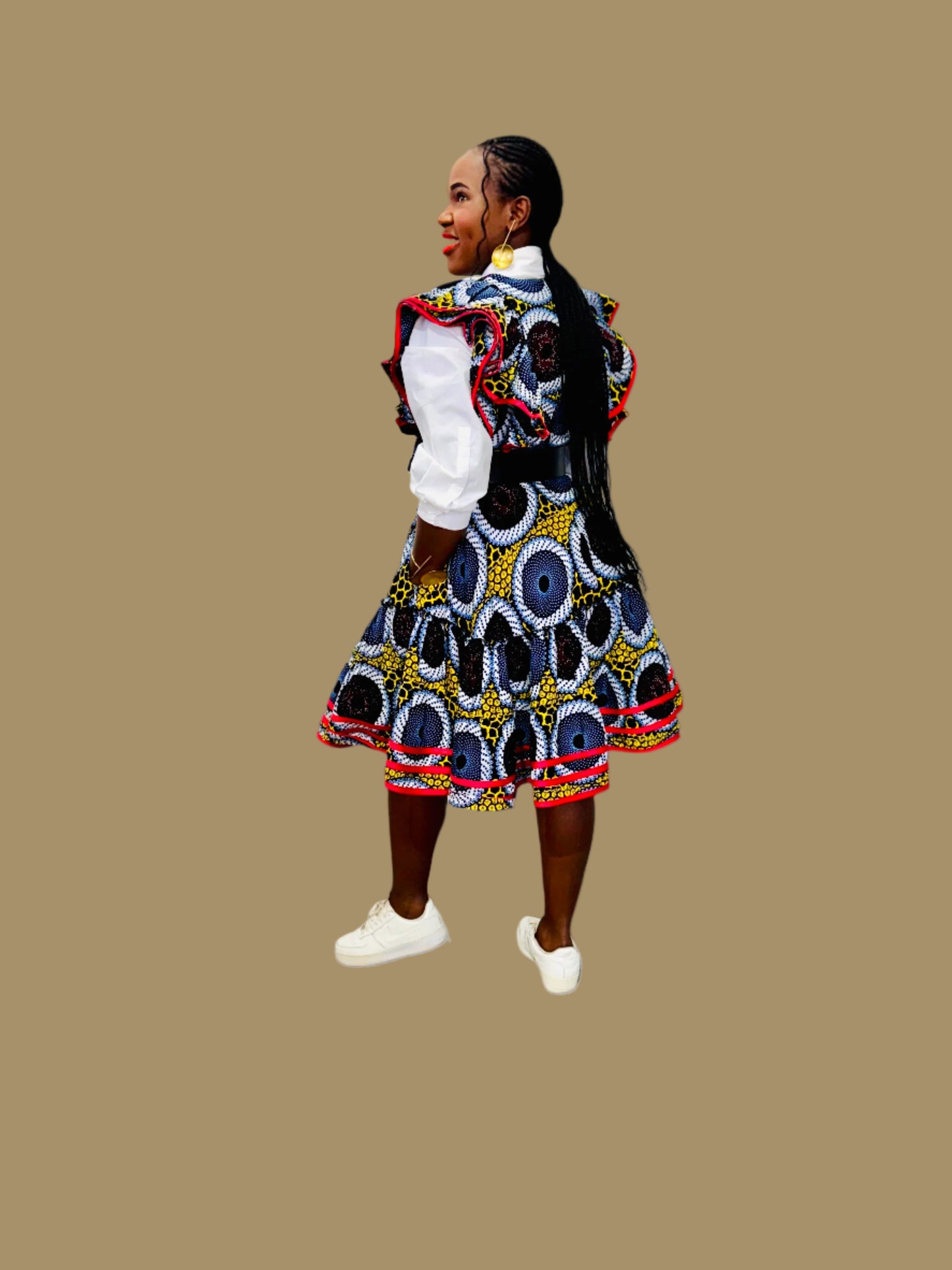 FRA86 MULTICOLOR/RED CONTRASTED LEA MIDI DRESS