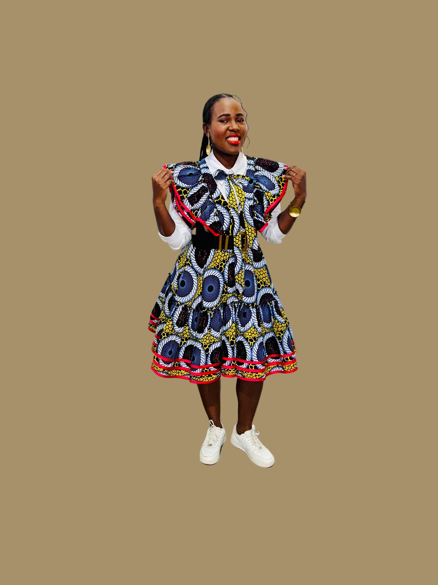 FRA86 MULTICOLOR/RED CONTRASTED LEA MIDI DRESS