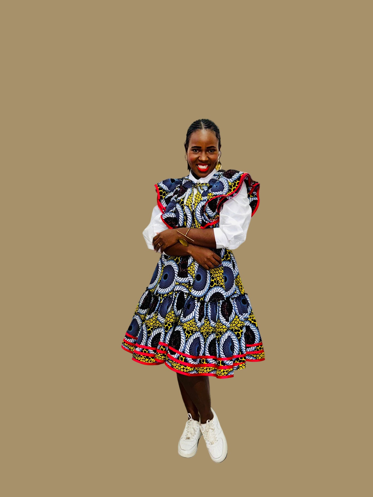 FRA86 MULTICOLOR/RED CONTRASTED LEA MIDI DRESS