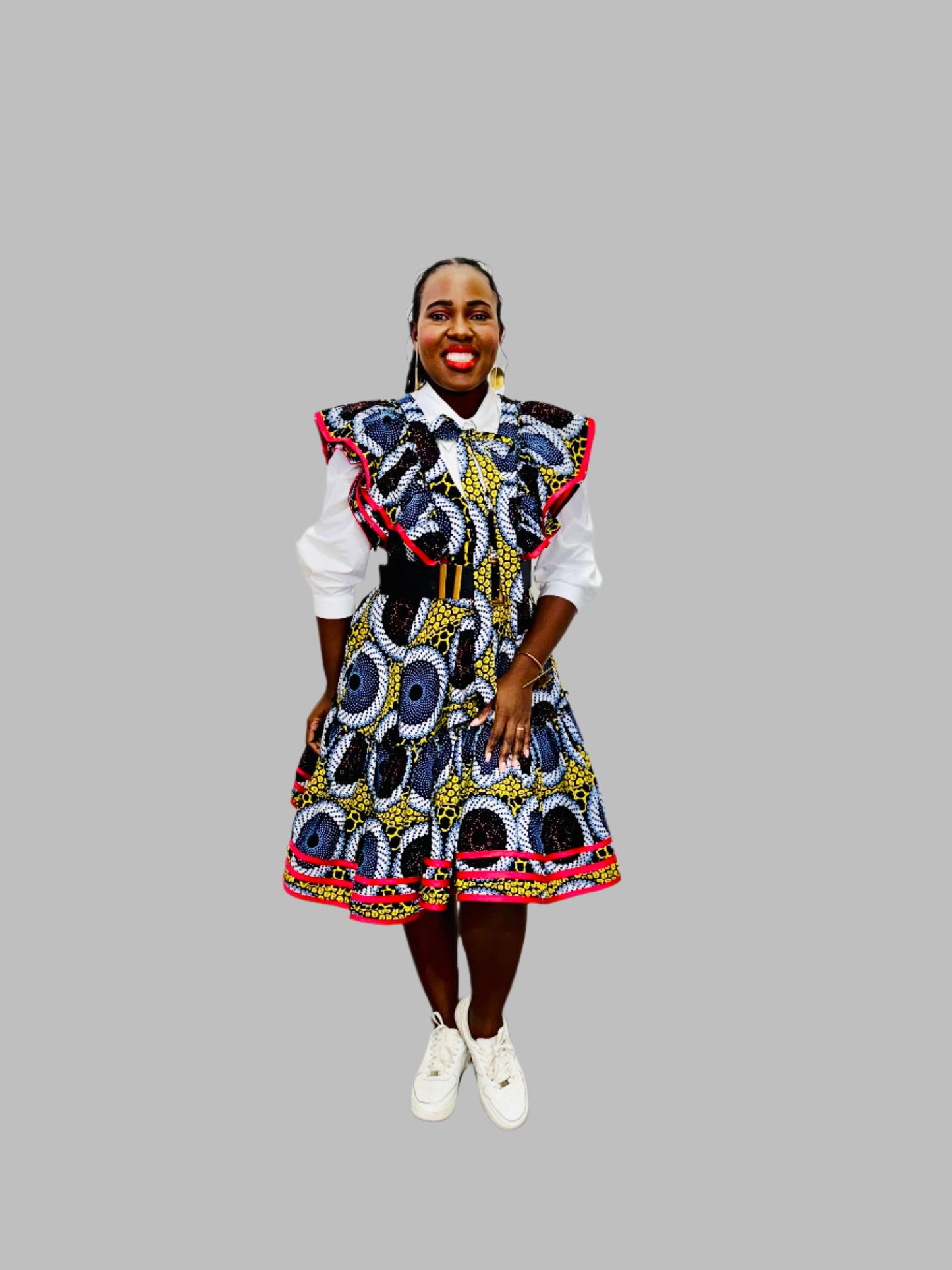 FRA86 MULTICOLOR/RED CONTRASTED LEA MIDI DRESS