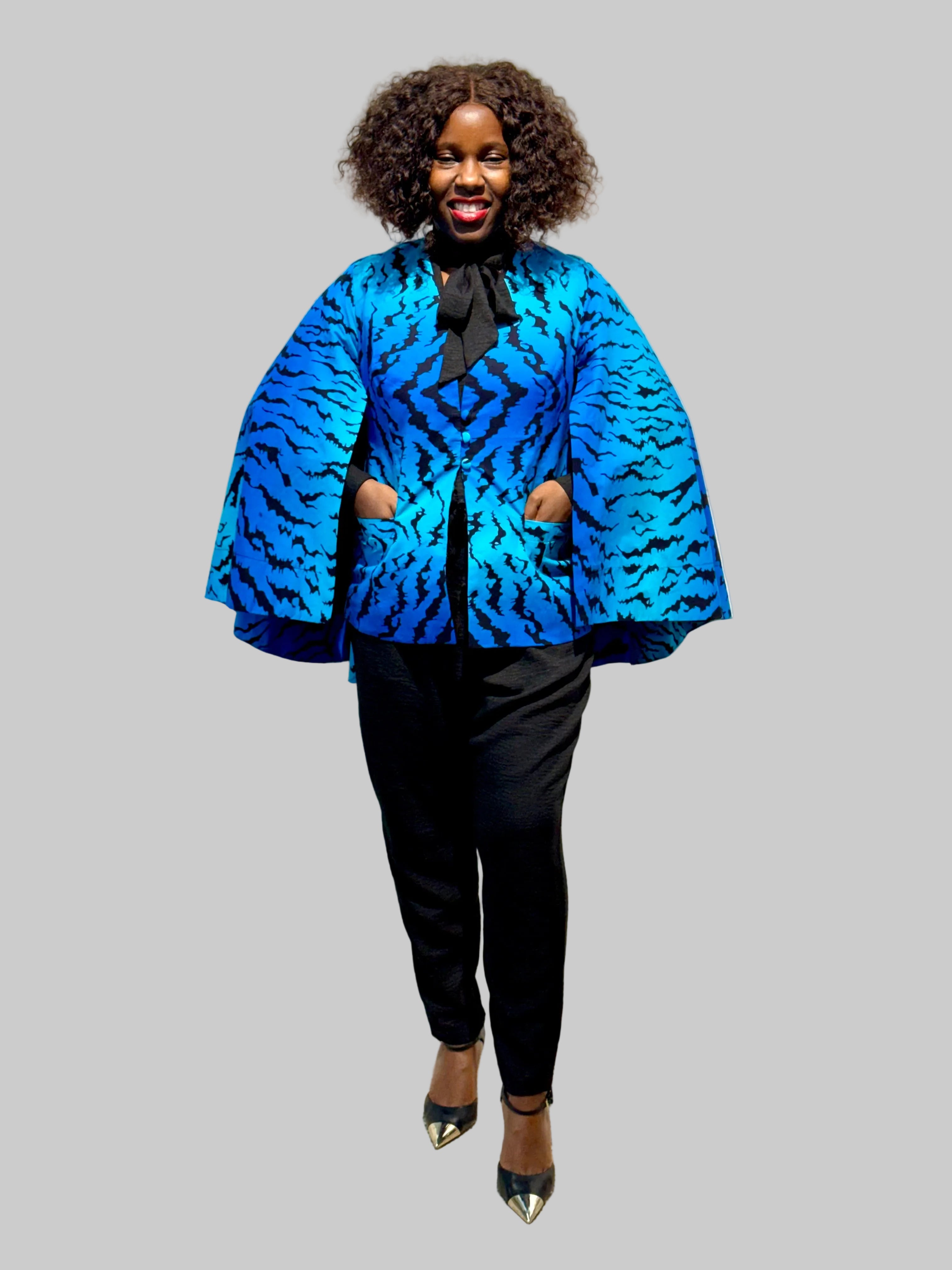 FRA100 BLUE/BLACK ANKARA CAPE BLAZER