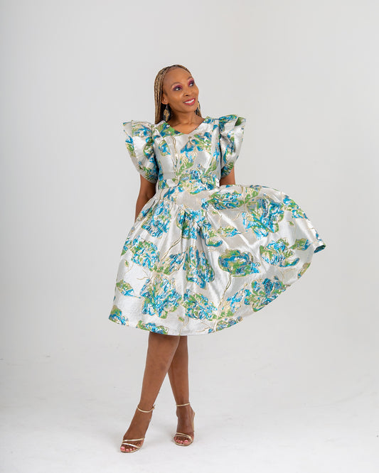 FR1022 GREEN/BLUE BROCADE VEE DRESS