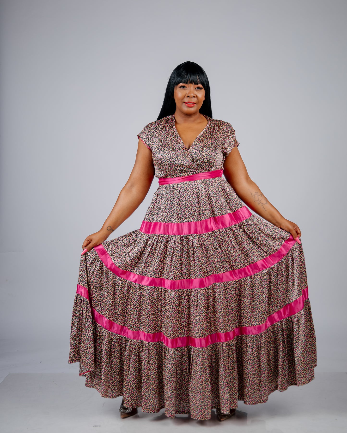 FR808 MULTICOLOR/PINK CONTRASTED LAYERED DRESS