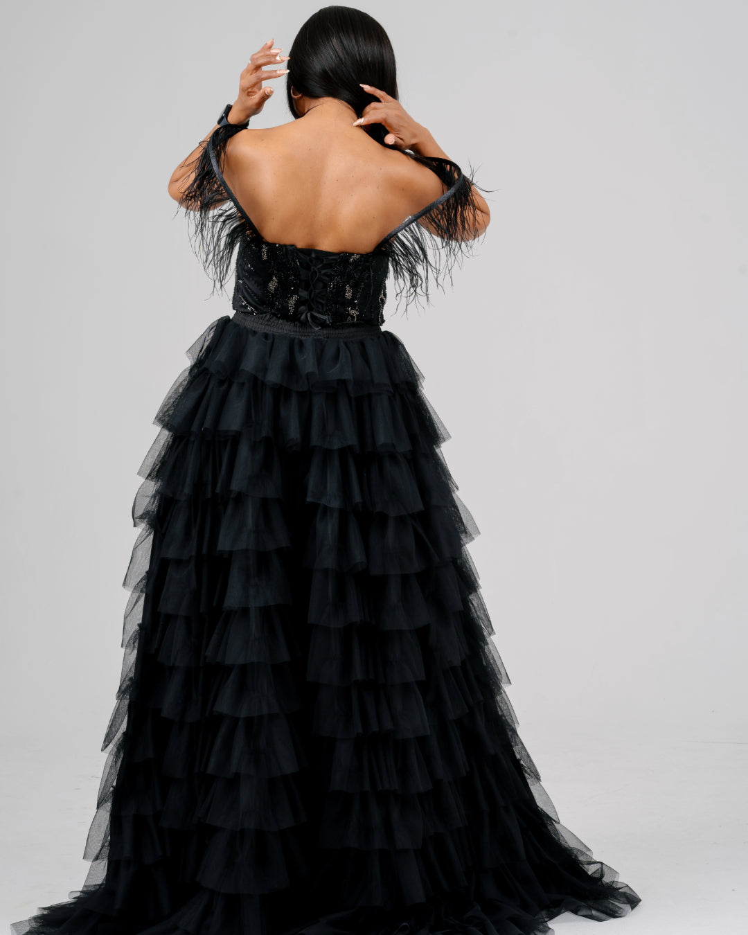 BLACK CORSET TOP WITH FEATHERS