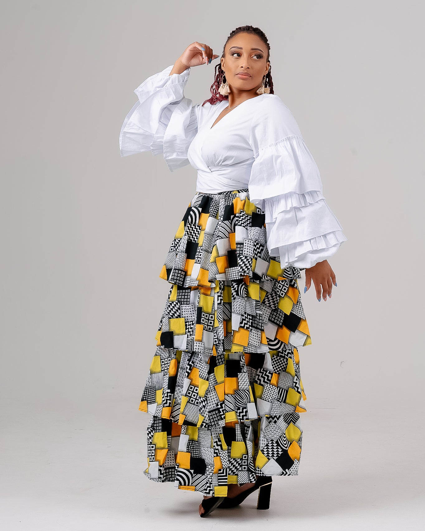 FR1054 WHITE LONG SLEEVED FRILLED CROSSOVER TOP