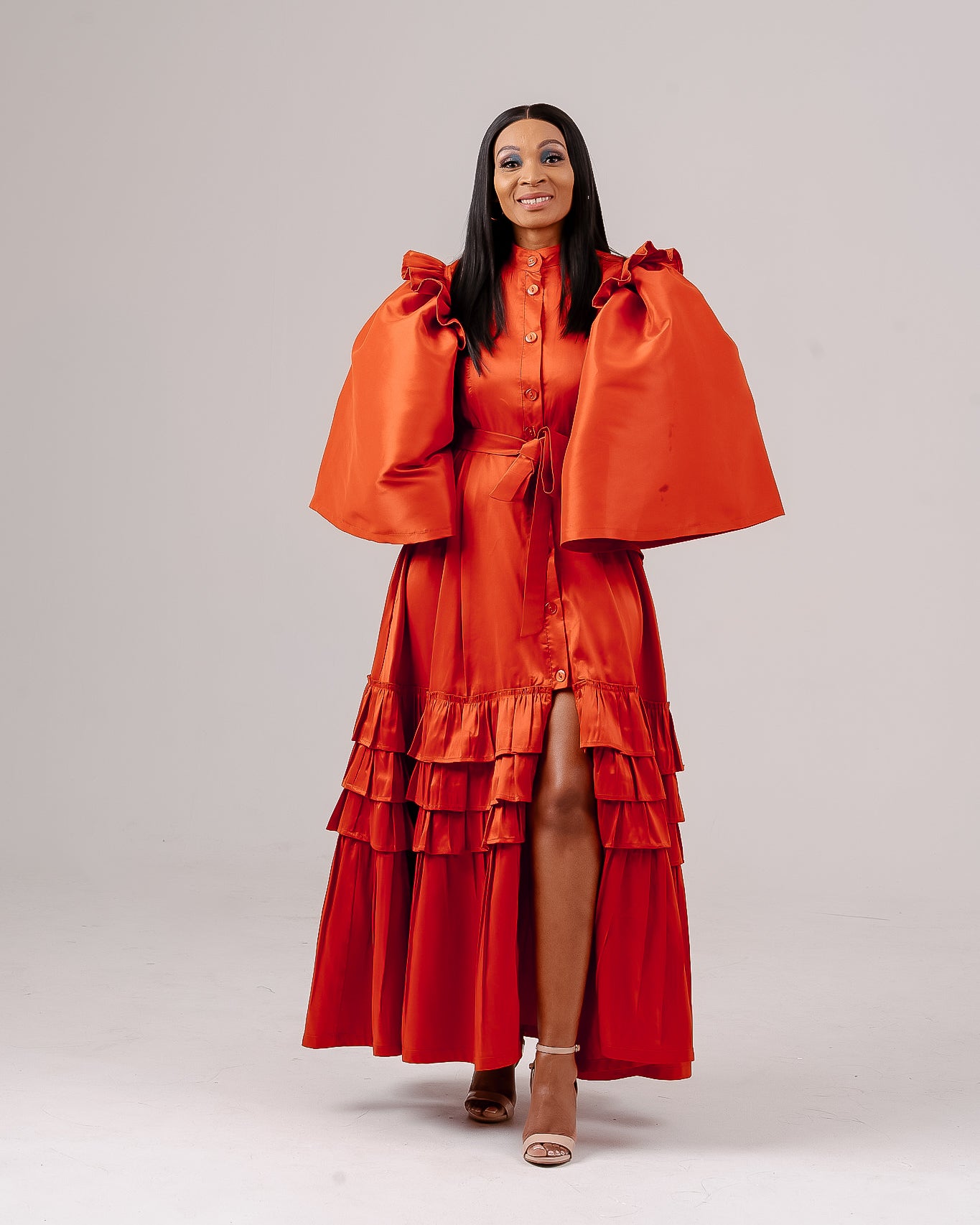 orange oversized dress Oversized Puff Sleeves ruffle hem design Maxi dress in Orange CYLONDON