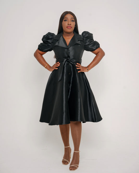 FR1044 BLACK SHORT SLEEVED DUCHESS DRESS