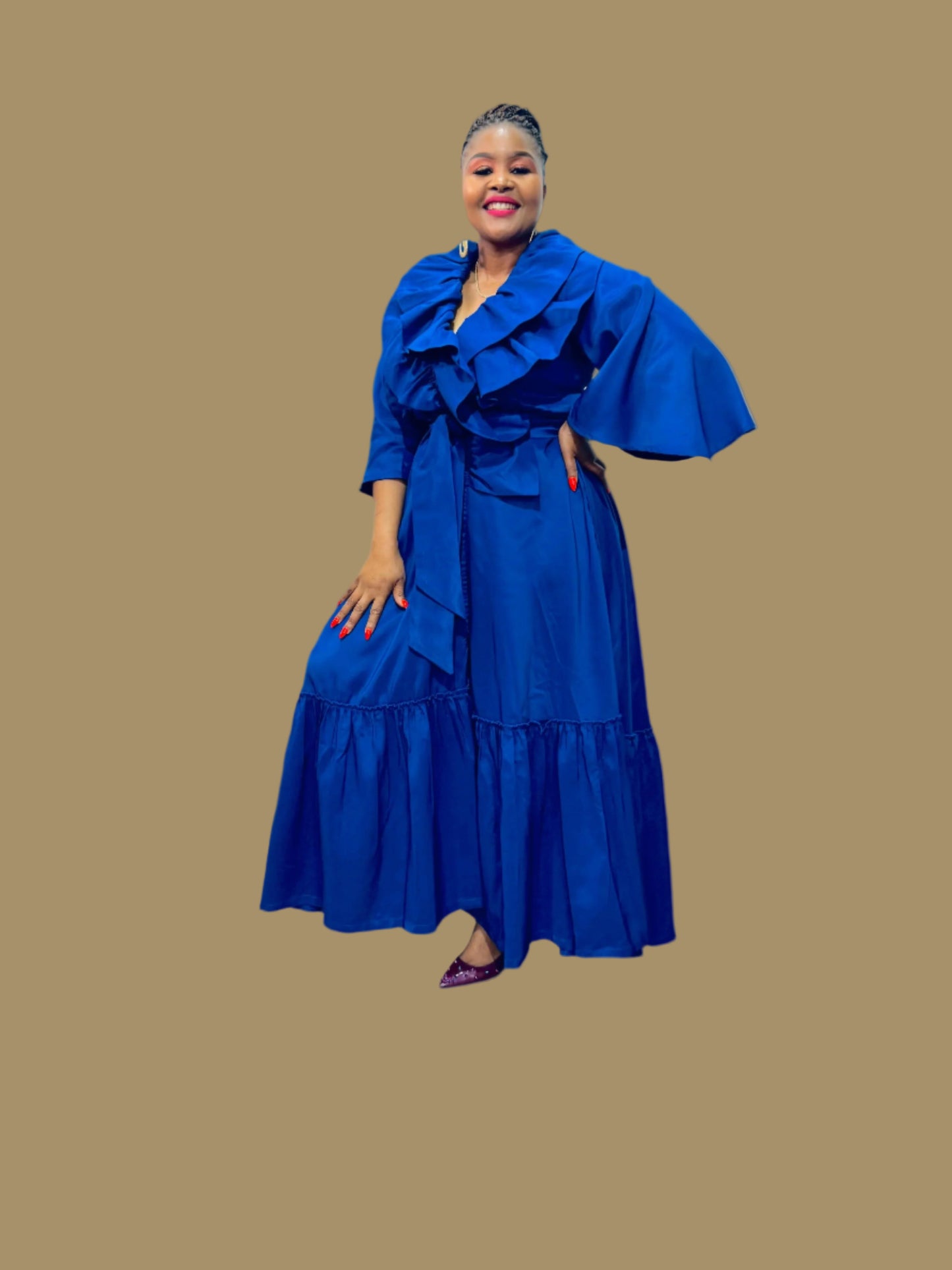 FRE001 BLUE MAXI WRAP-AROUND RUFFLE DRESS