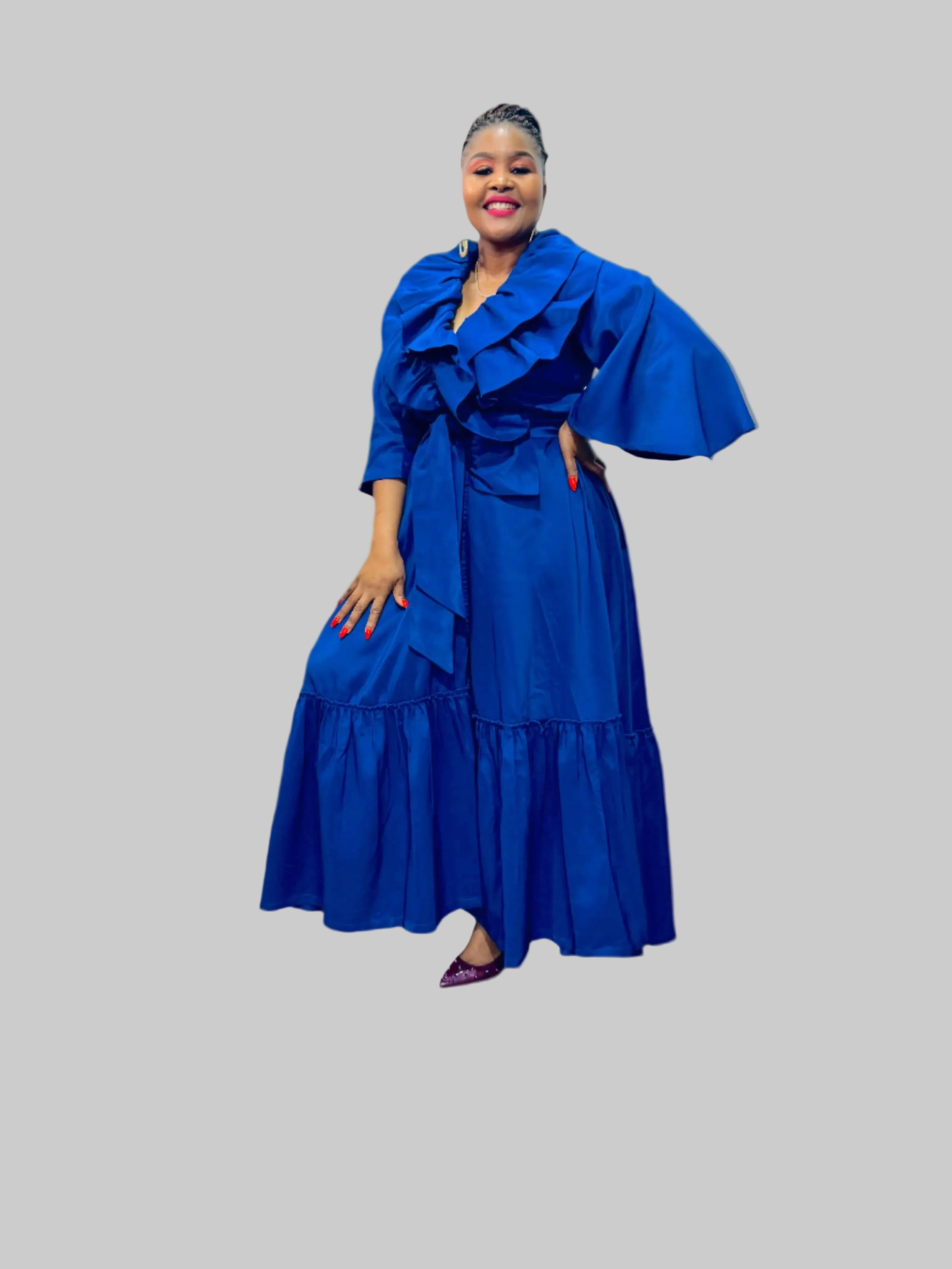 FRE001 BLUE MAXI WRAP-AROUND RUFFLE DRESS