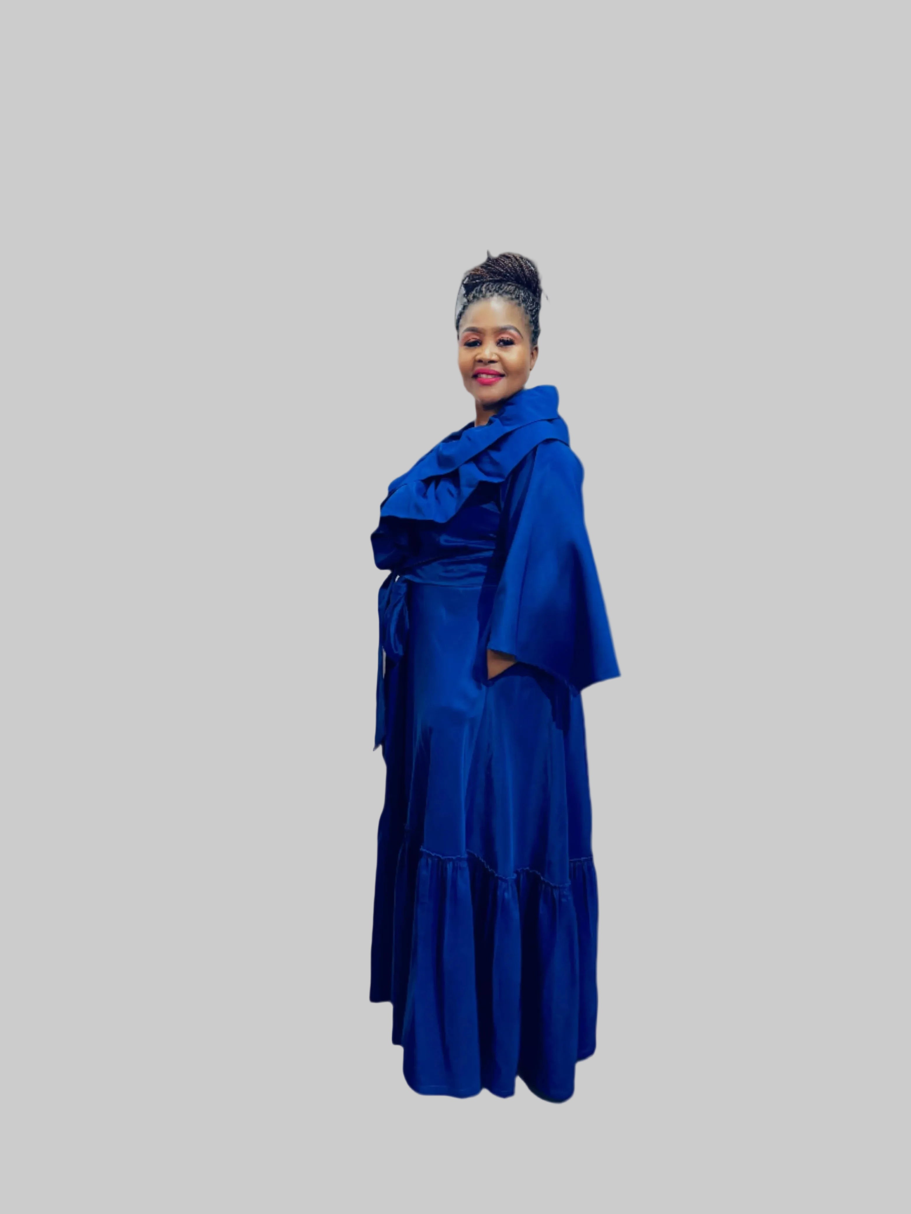 FRE001 BLUE MAXI WRAP-AROUND RUFFLE DRESS