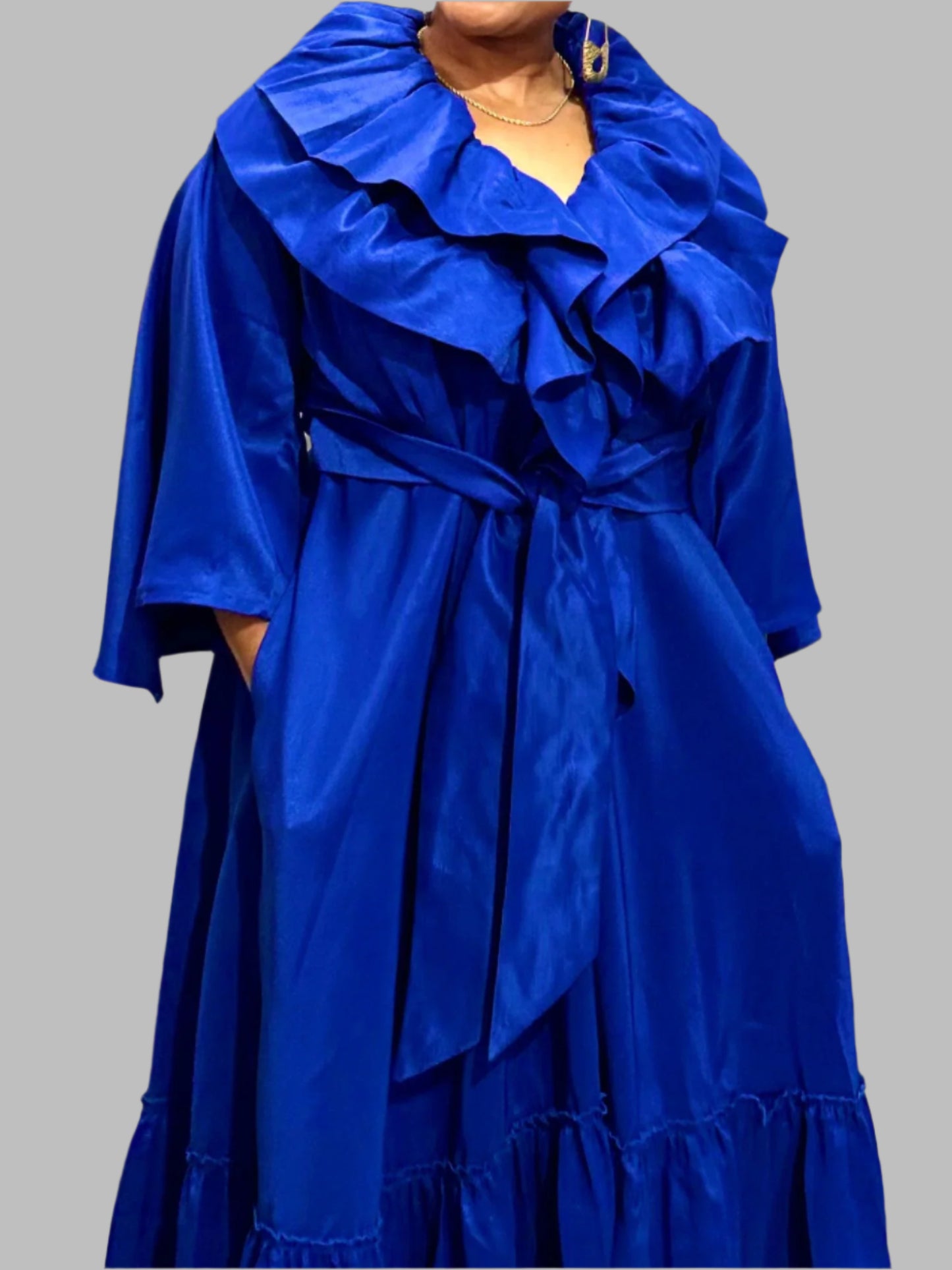FRE001 BLUE MAXI WRAP-AROUND RUFFLE DRESS