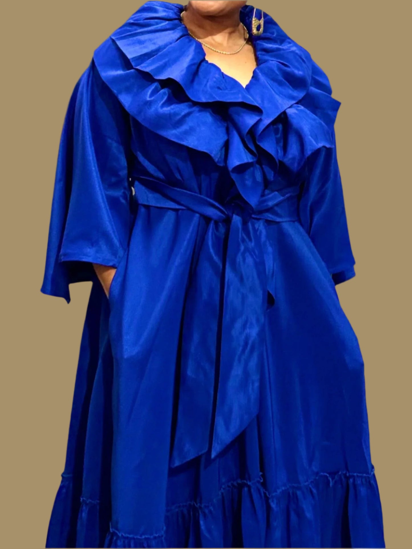 FRE001 BLUE MAXI WRAP-AROUND RUFFLE DRESS