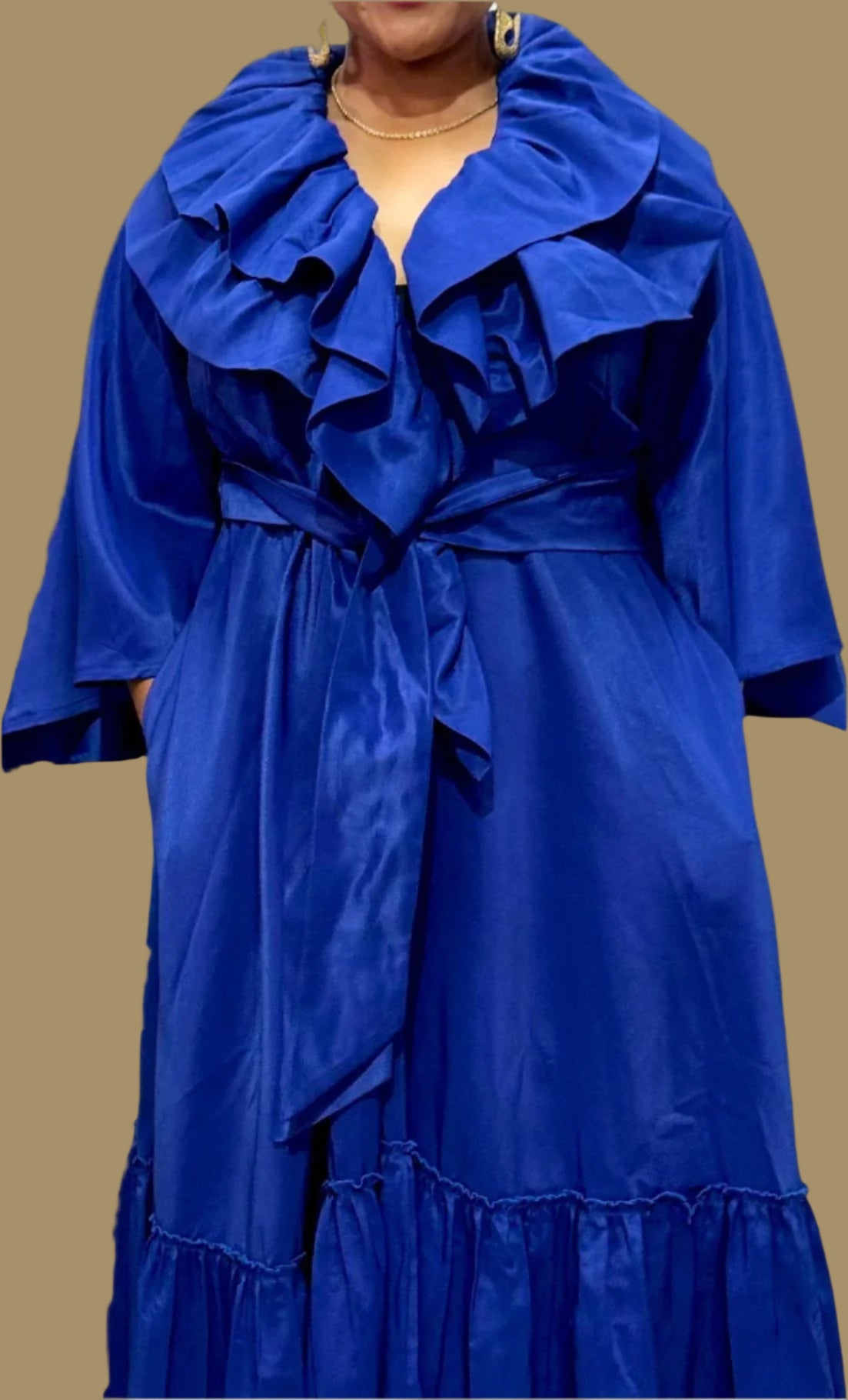 FRE001 BLUE MAXI WRAP-AROUND RUFFLE DRESS