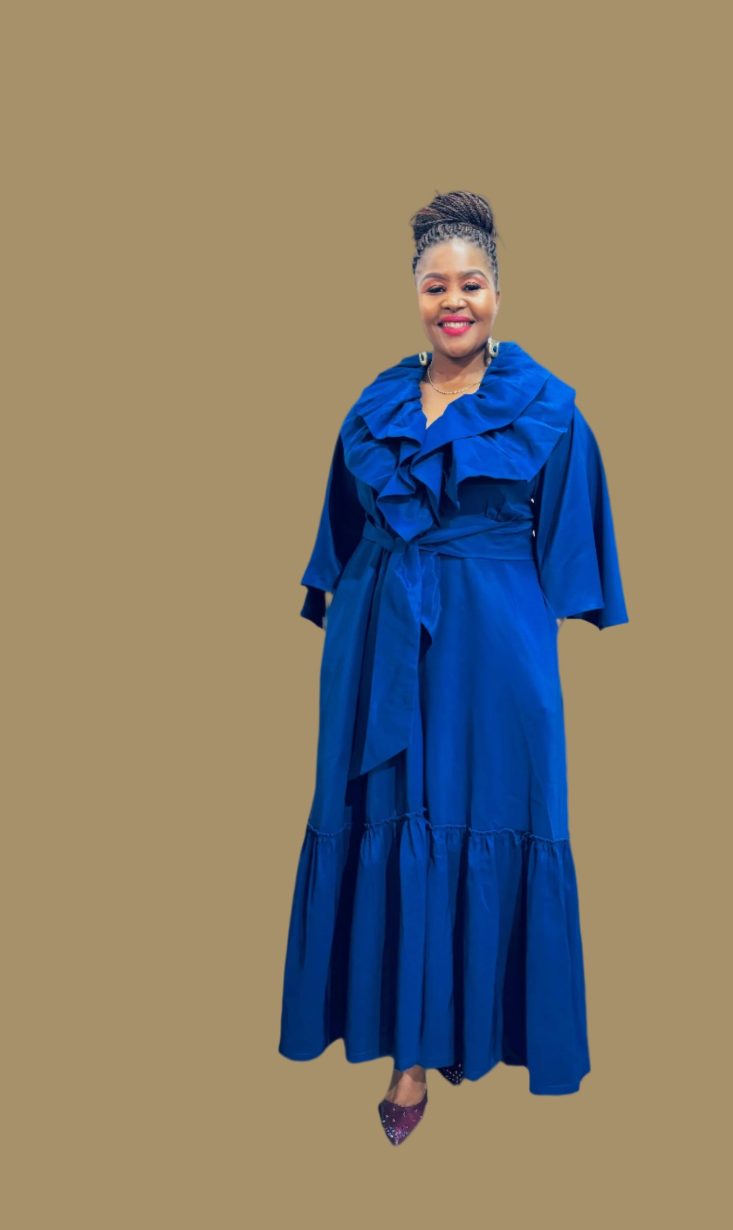 FRE001 BLUE MAXI WRAP-AROUND RUFFLE DRESS