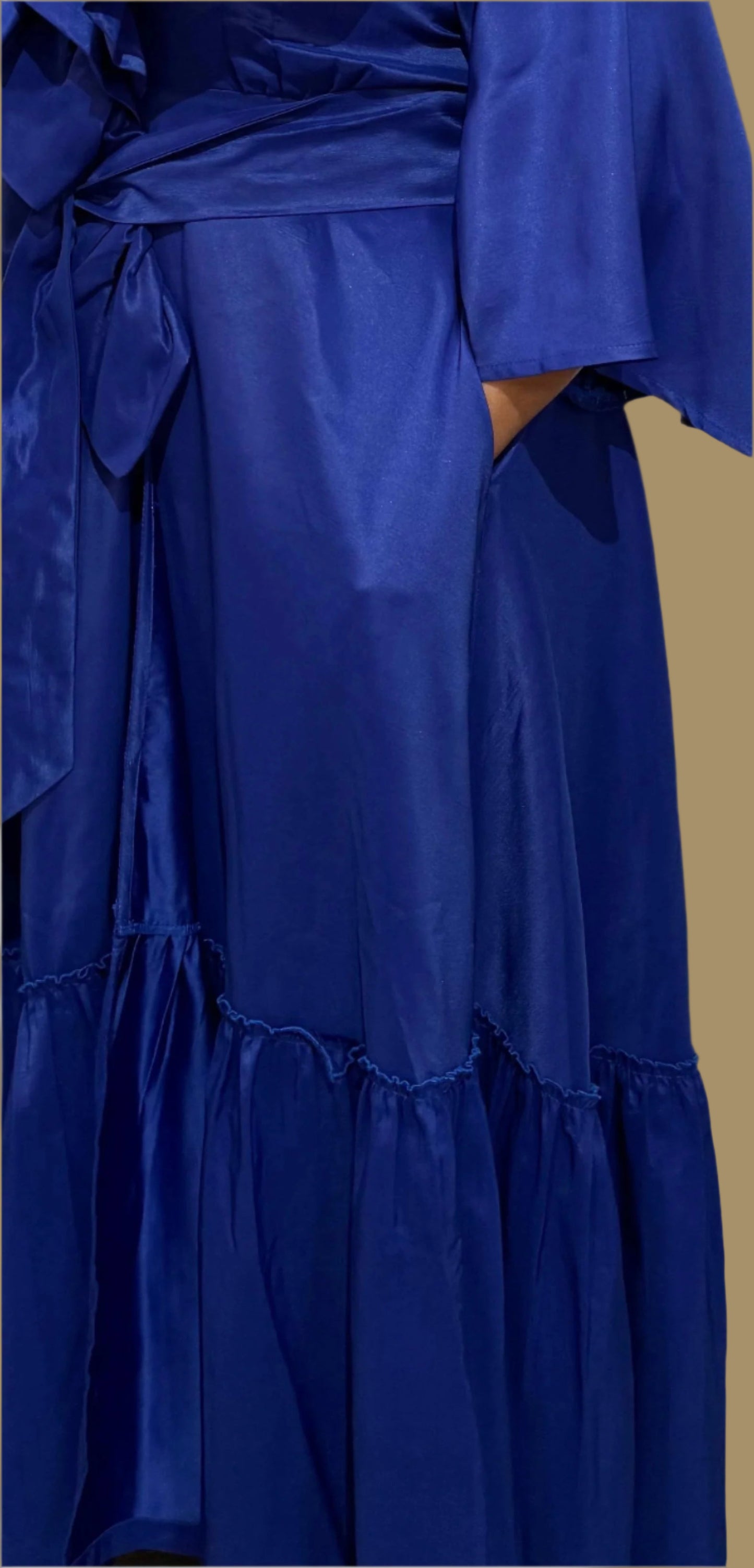 FRE001 BLUE MAXI WRAP-AROUND RUFFLE DRESS
