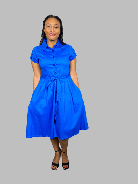 DARK BLUE SHORT SLEEVED PLEATED DRESS