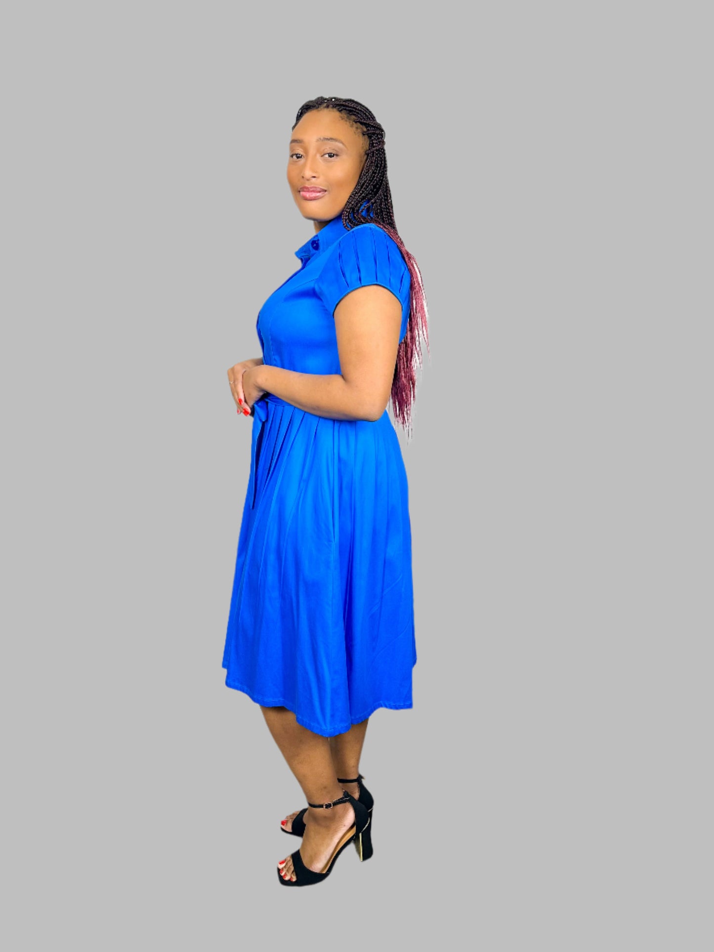 DARK BLUE SHORT SLEEVED PLEATED DRESS