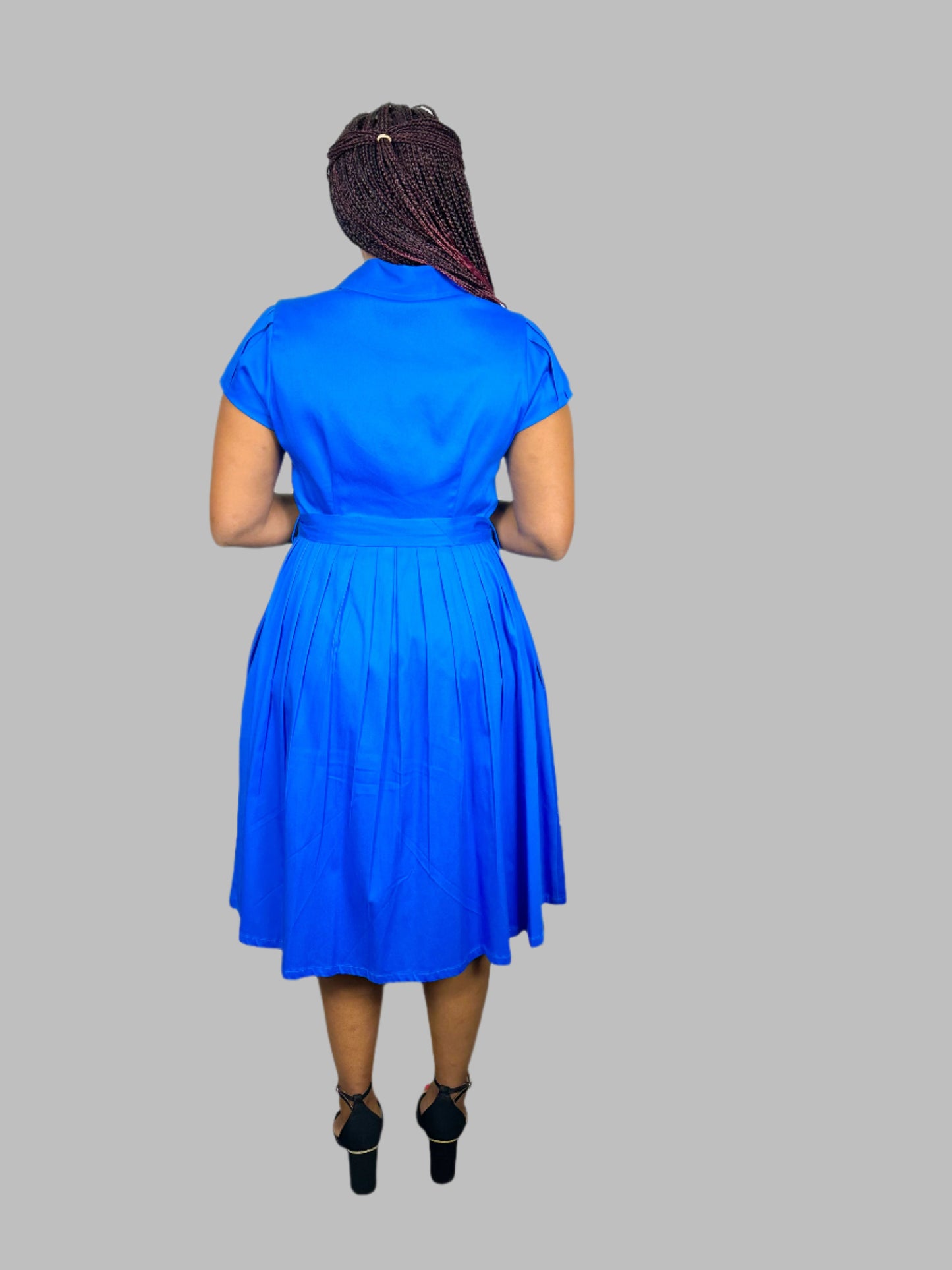 DARK BLUE SHORT SLEEVED PLEATED DRESS