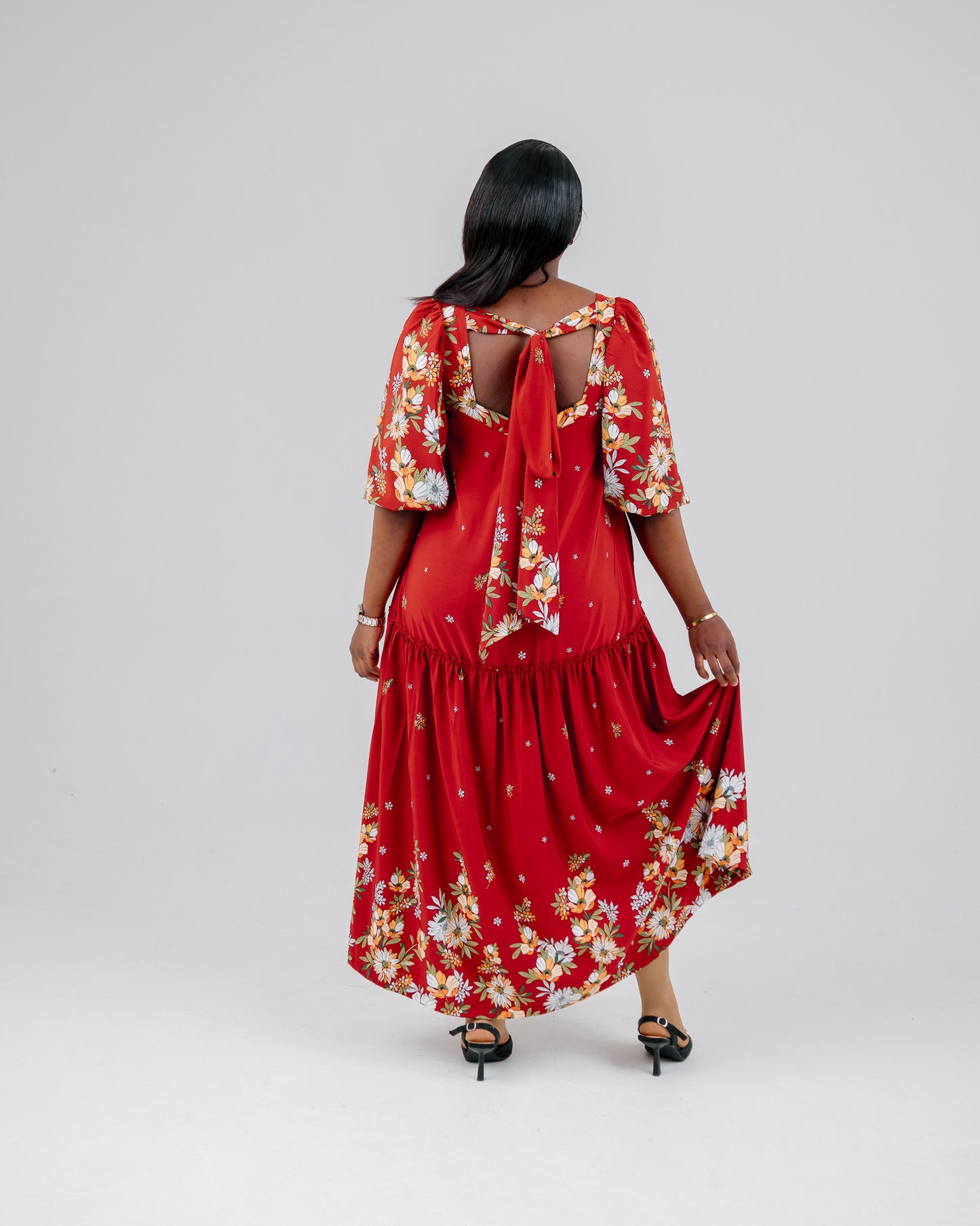 RUST FLORAL MAXI BACK TIE DRESS