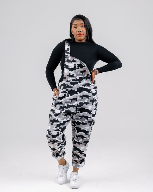 BLACK/WHITE CAMO DUNGAREE PANTS