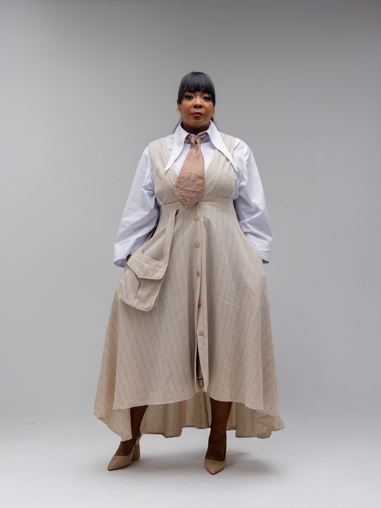 CREAM/BROWN DUNGAREE SKIRT