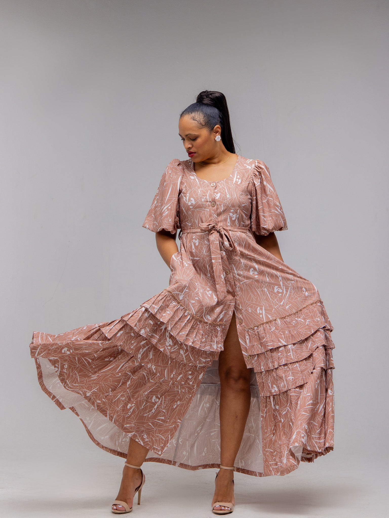 BROWN/CREAM PRINTED DRESS