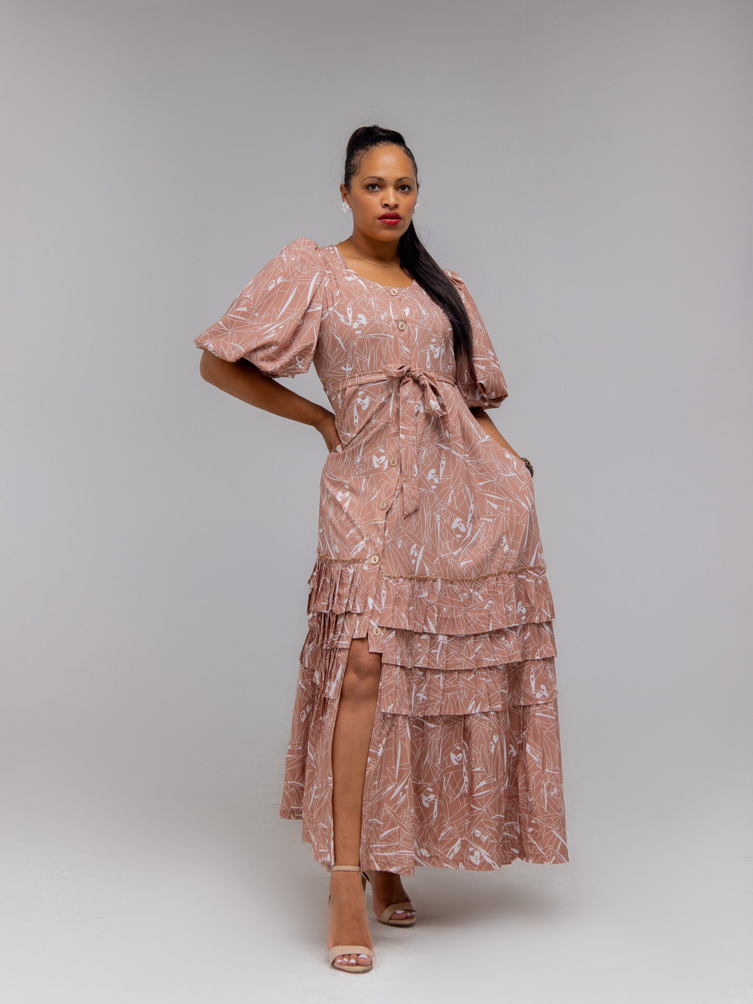 Brown/Cream Printed Dress FR1146