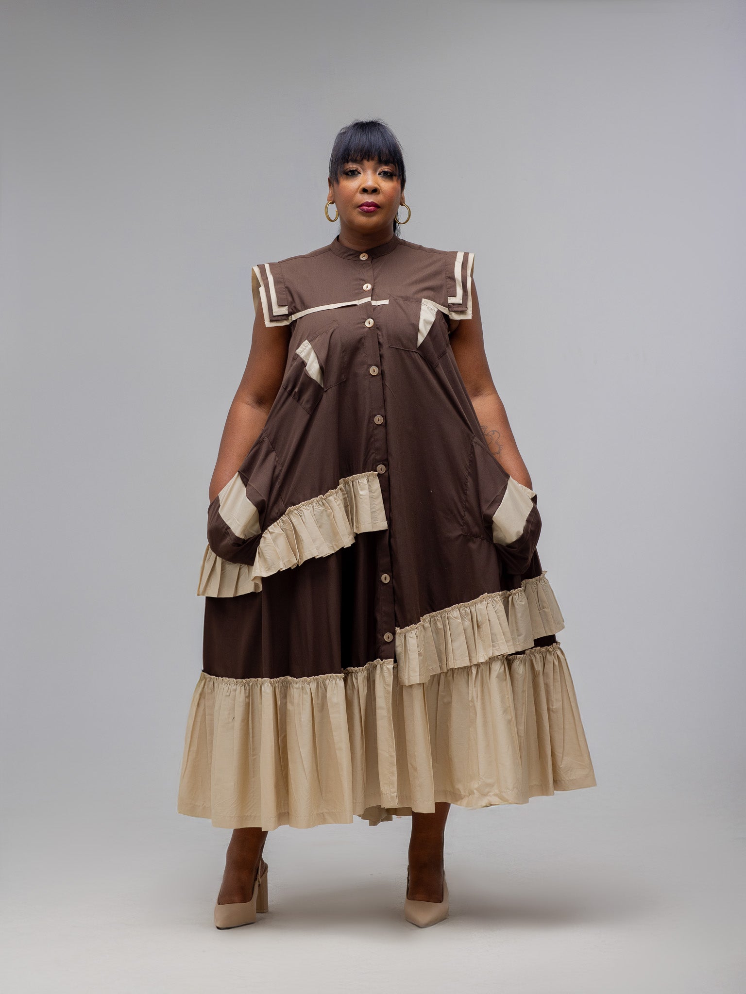 Brown/Stone Maxi Frilled Naomi Dress FR1100