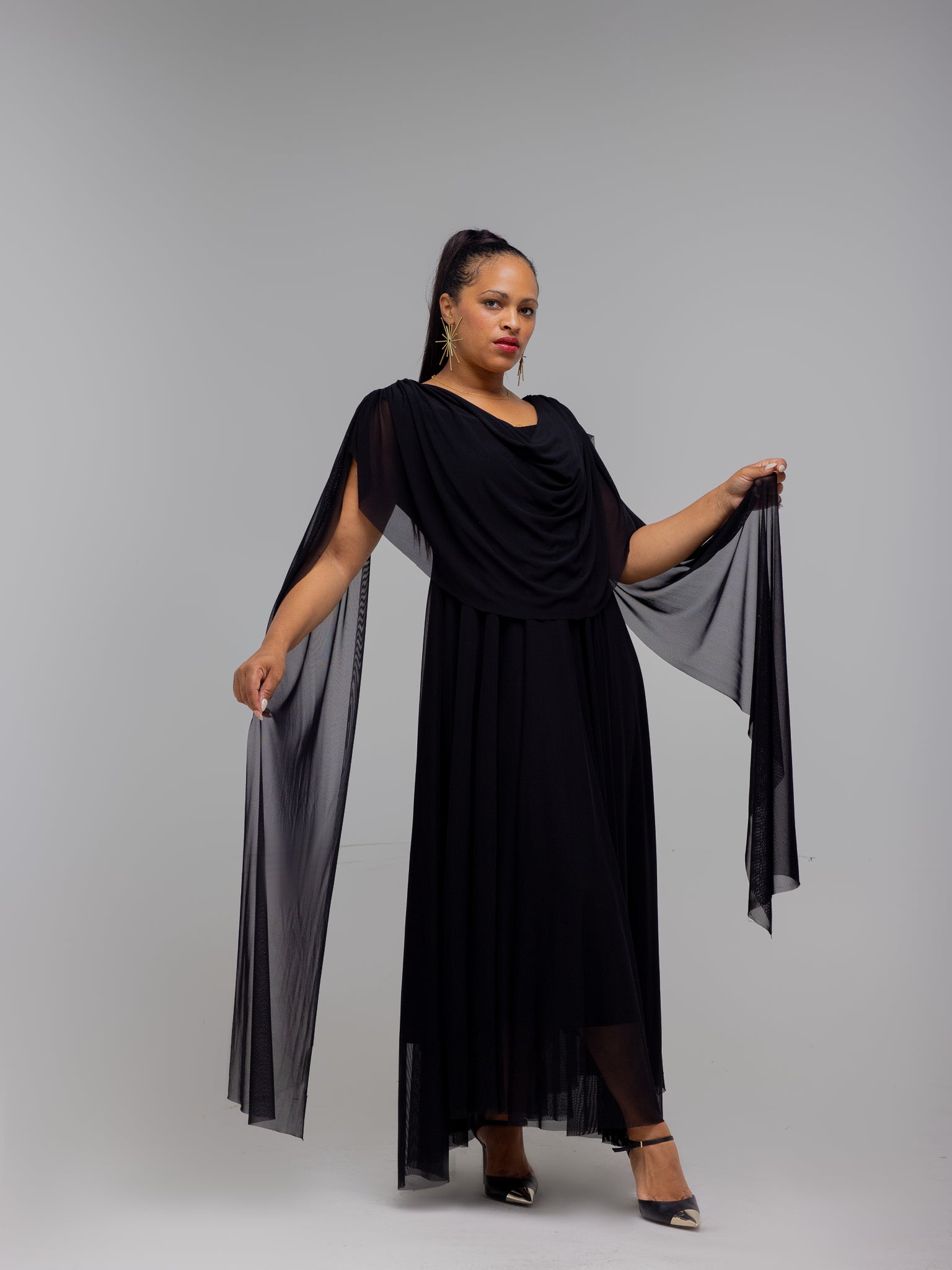 Black Tina Mesh Maxi Dress – Elegant Statement Dress with Dramatic Sleeves | FRIDA