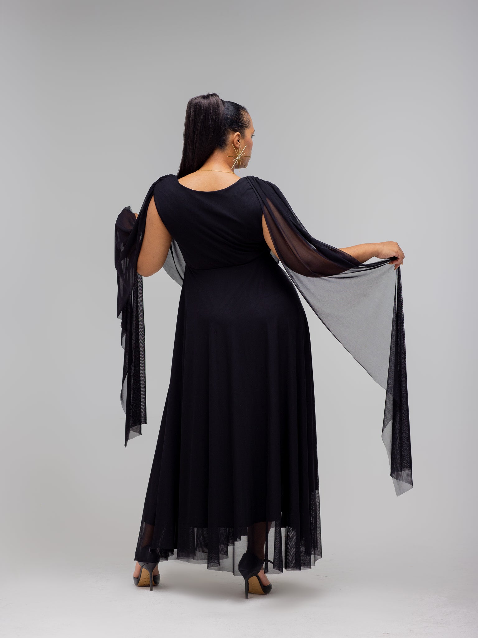 Black Tina Mesh Maxi Dress – Elegant Statement Dress with Dramatic Sleeves | FRIDA