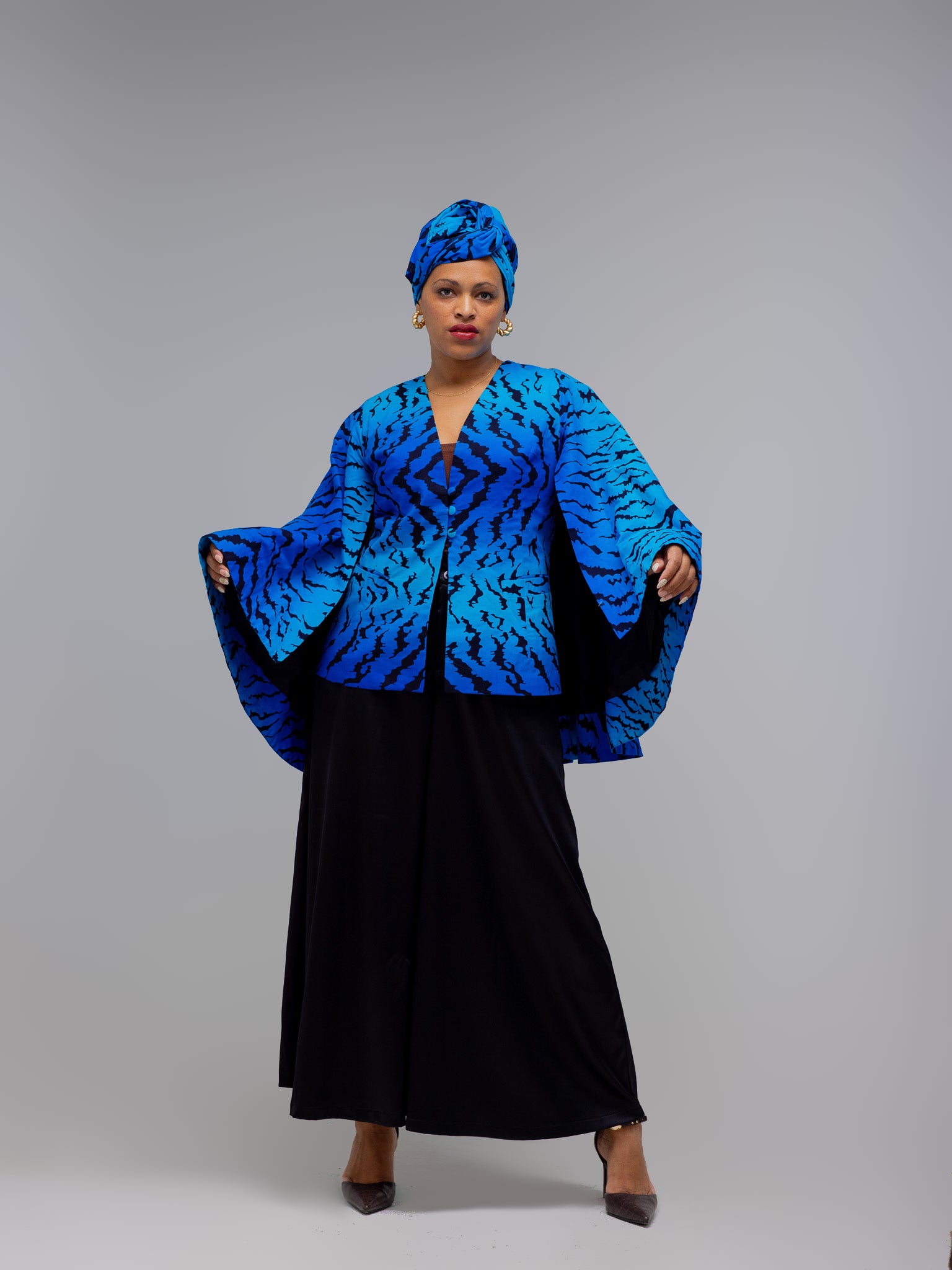 FRA100 BLUE/BLACK ANKARA CAPE BLAZER