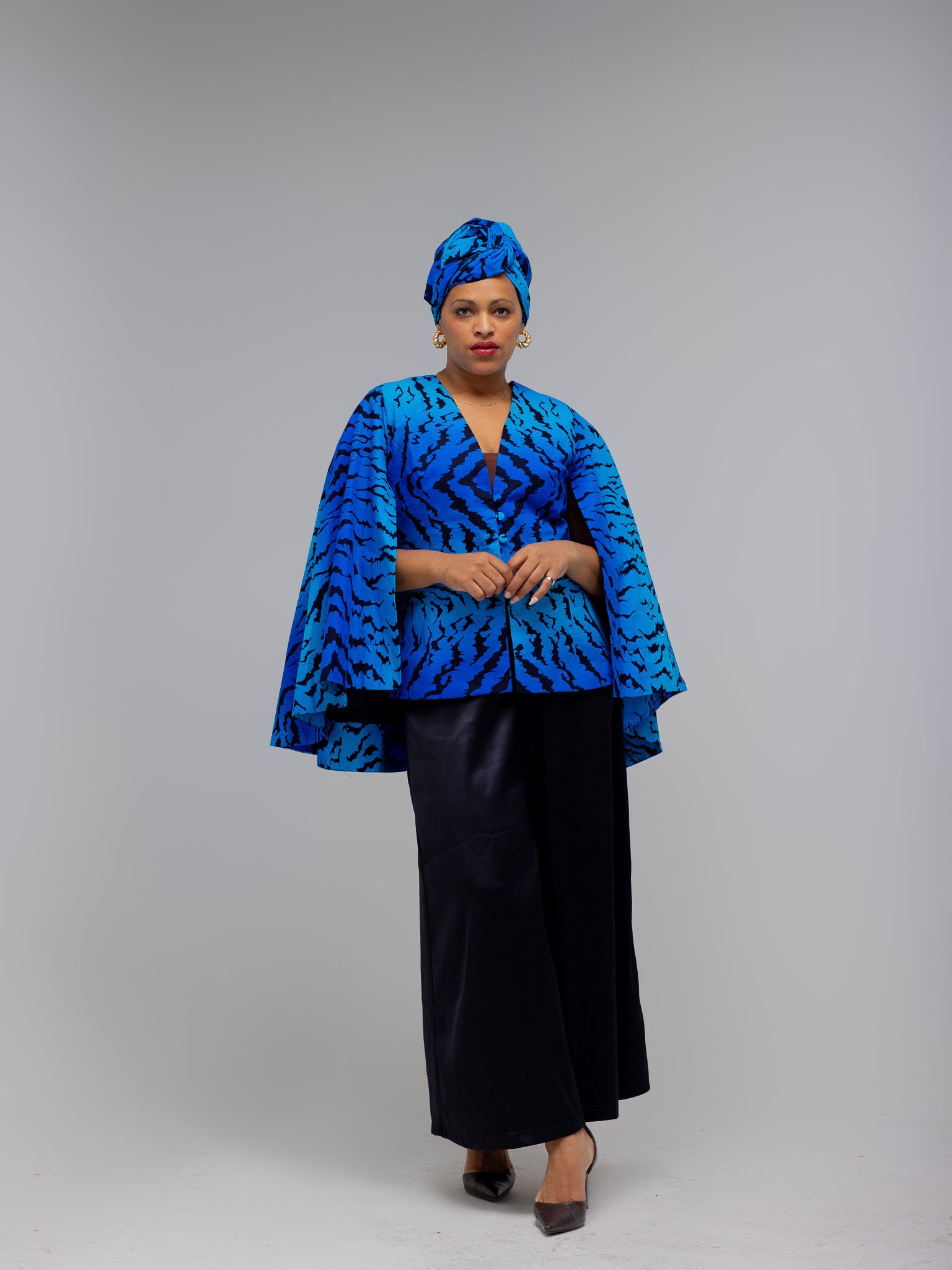 Blue/Black Ankara Cape Blazer FRA100