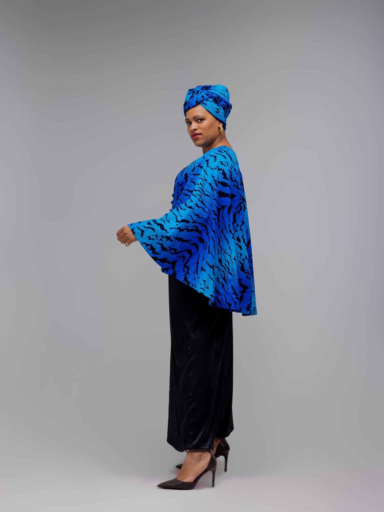 Blue/Black Ankara Cape Blazer FRA100